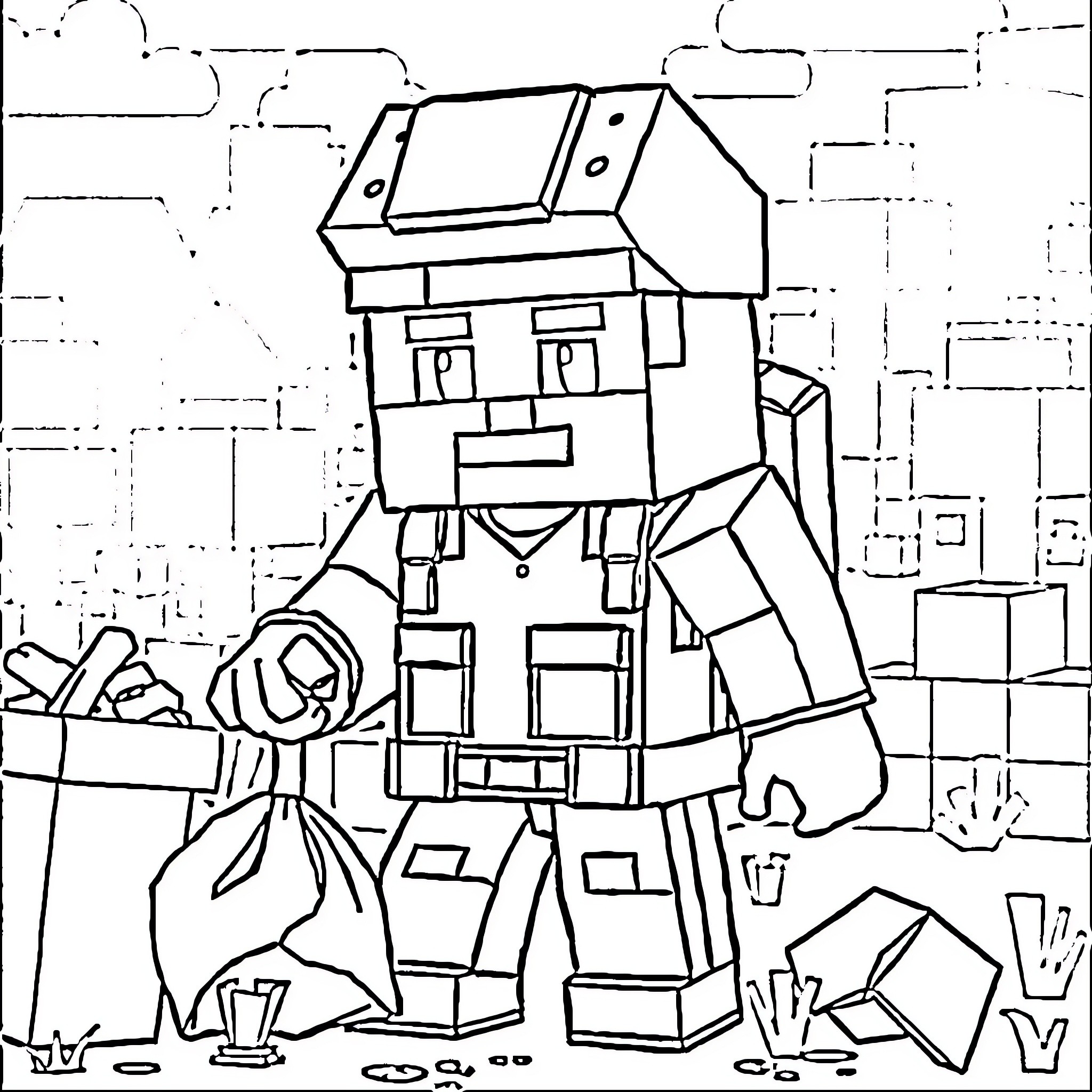 Garbage Man Collecting Waste in the City Coloring Page (free black-and-white line drawing printable PDF for all, from beginners to advanced learners, including children, teens, adults, and seniors)