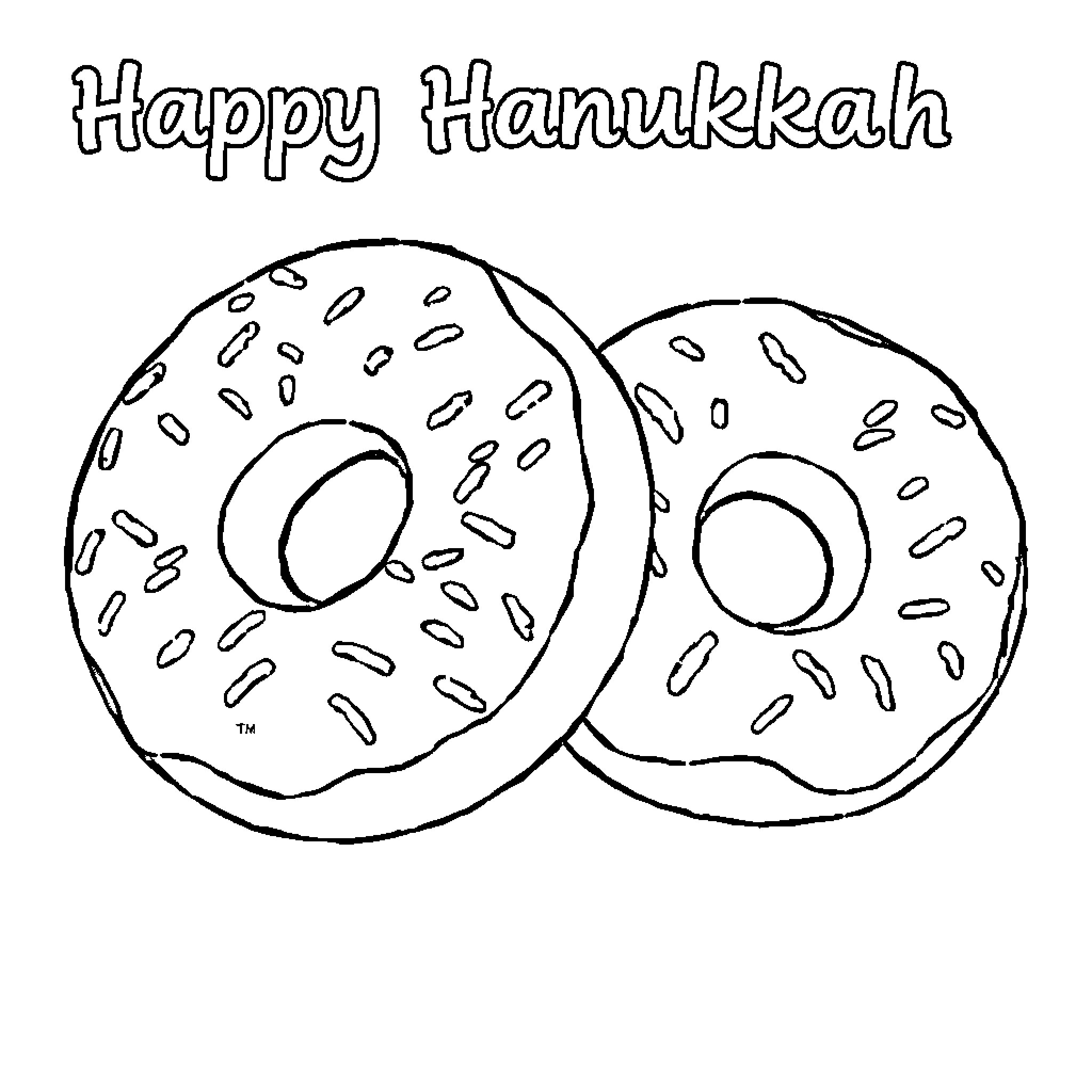 Donut Treats for Happy Hanukkah Coloring Page (free black-and-white line drawing printable PDF for all, from beginners to advanced learners, including children, teens, adults, and seniors)