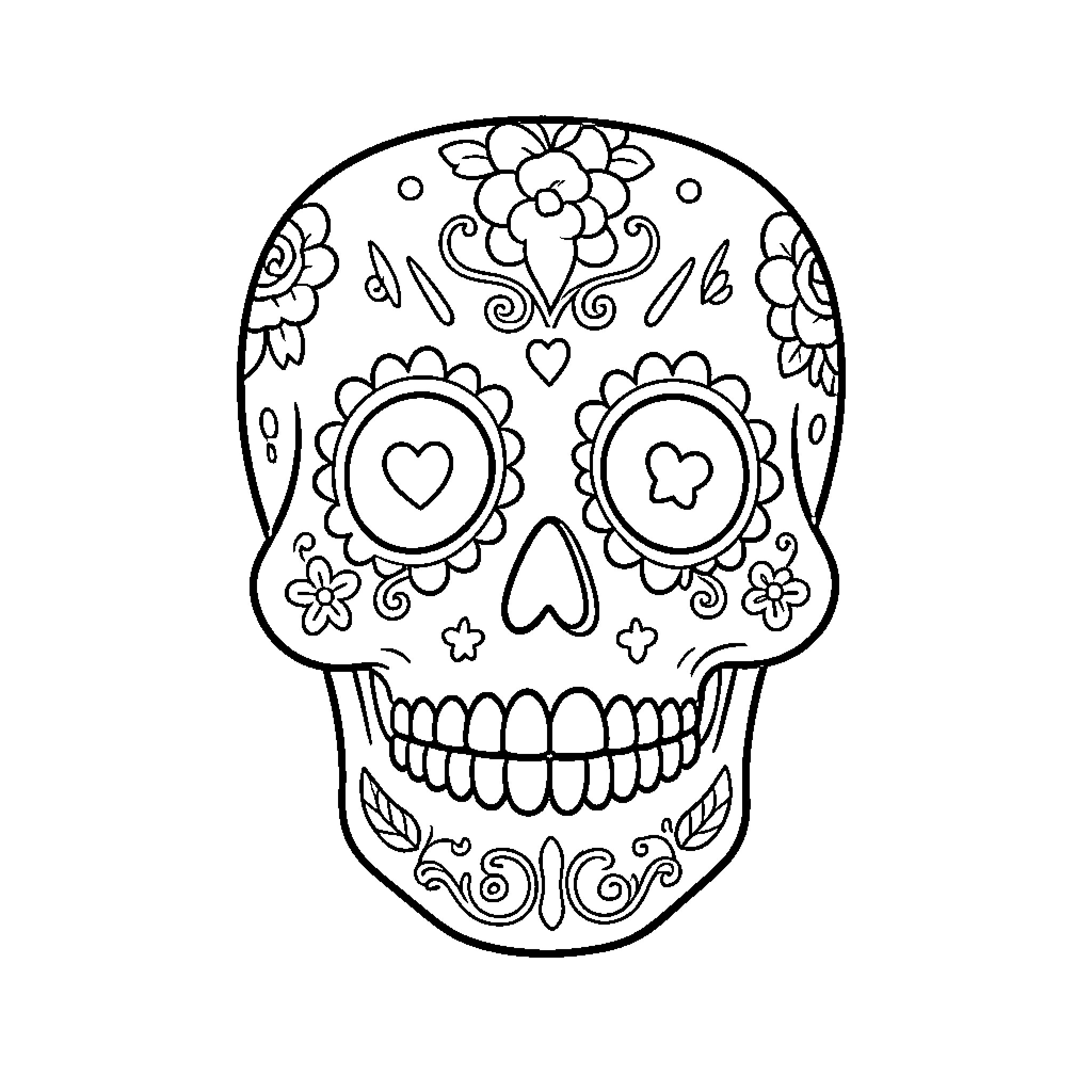 Marshmallow sugar skull decorated with intricate floral patterns Coloring Page (free black-and-white line drawing printable PDF for all, from beginners to advanced learners, including children, teens, adults, and seniors)