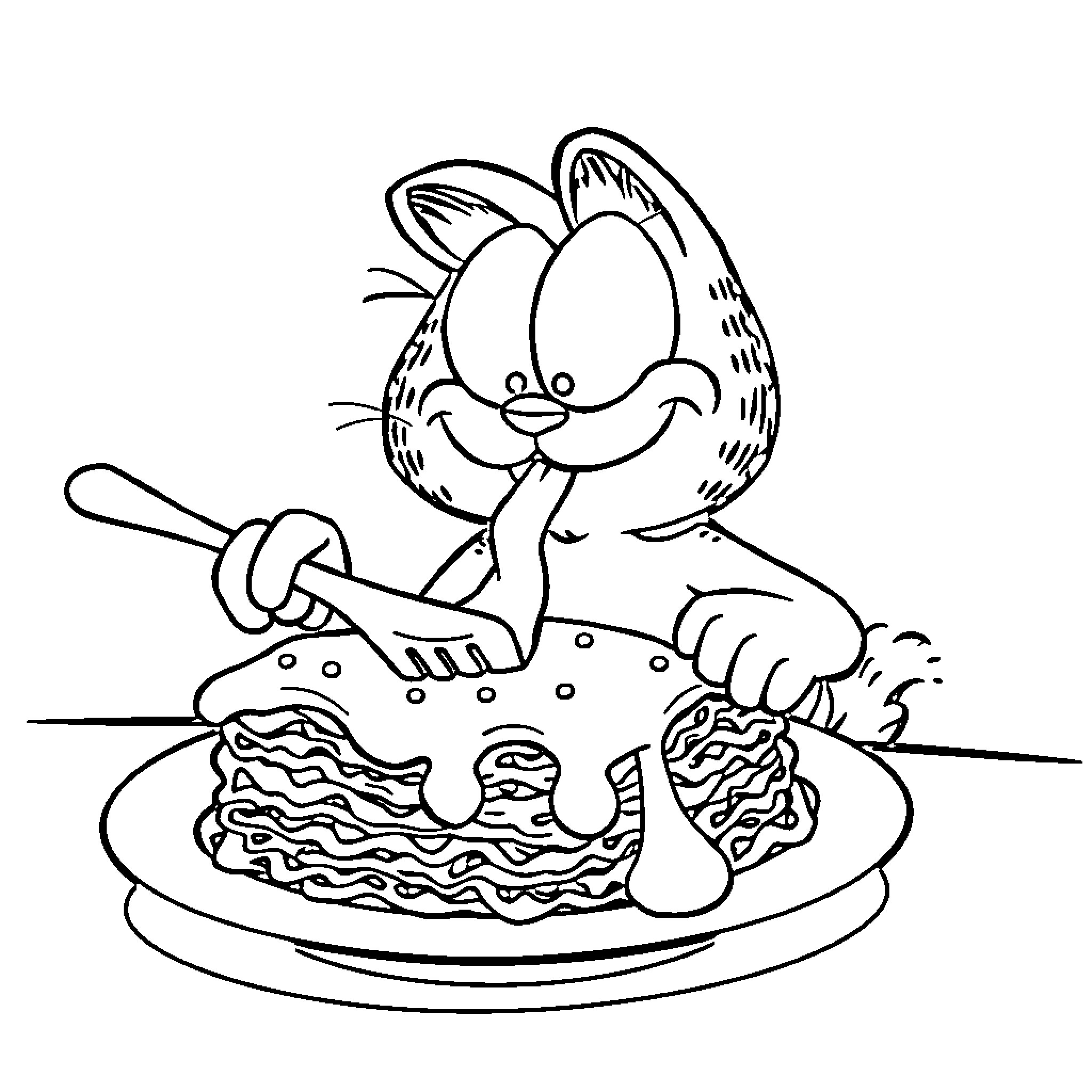 Garfield enjoying a hearty breakfast Coloring Page (free black-and-white line drawing printable PDF for all, from beginners to advanced learners, including children, teens, adults, and seniors)