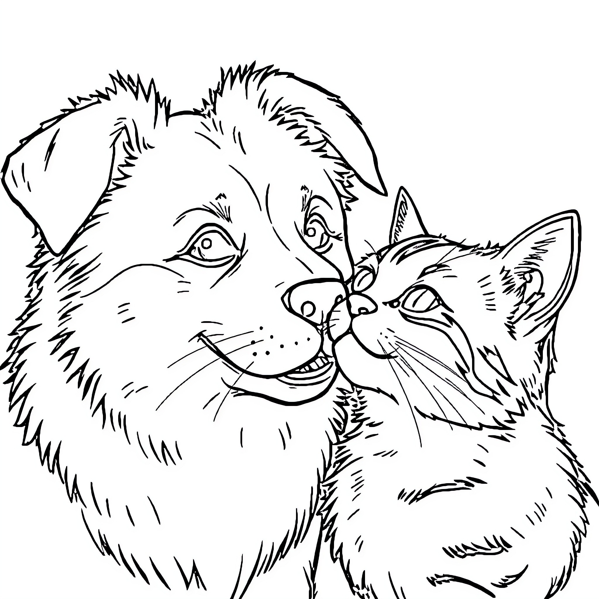 Dog and cat playing together cheerfully Coloring Page (free black-and-white line drawing printable PDF for all, from beginners to advanced learners, including children, teens, adults, and seniors)