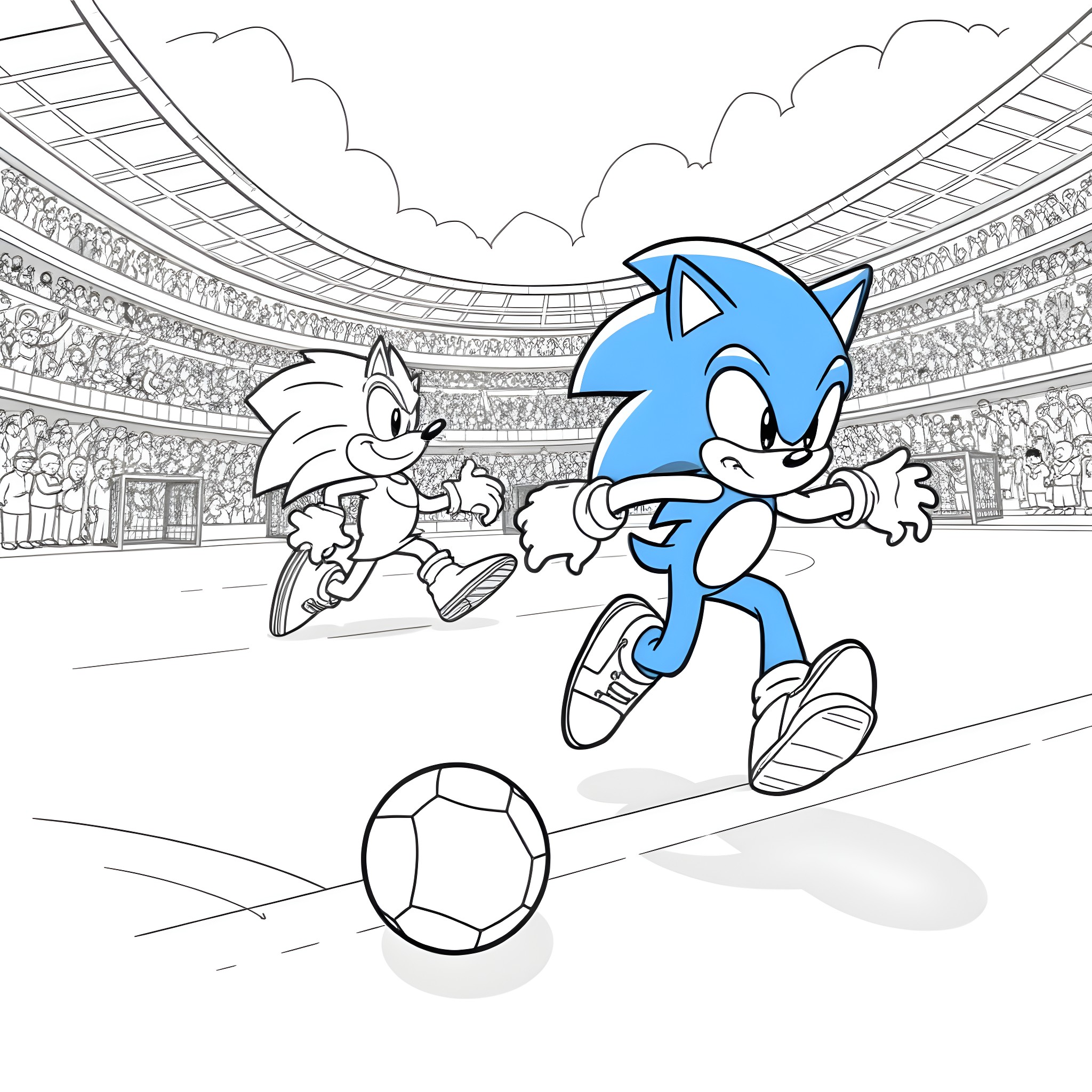 Sonic and Friends Playing Football in the Stadium Coloring Page (free black-and-white line drawing printable PDF for all, from beginners to advanced learners, including children, teens, adults, and seniors)