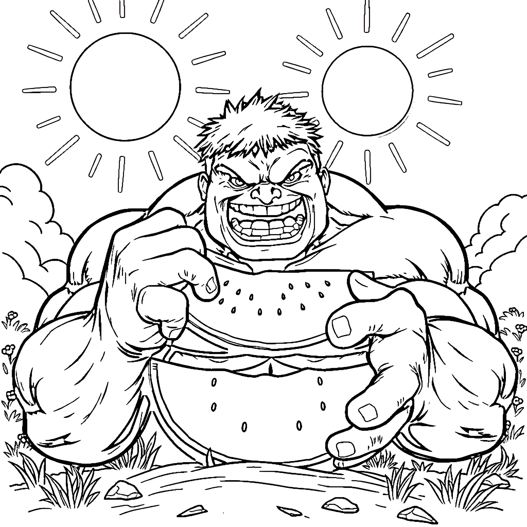 Hulk flexing muscles in outdoor scene Coloring Page (free black-and-white line drawing printable PDF for all, from beginners to advanced learners, including children, teens, adults, and seniors)
