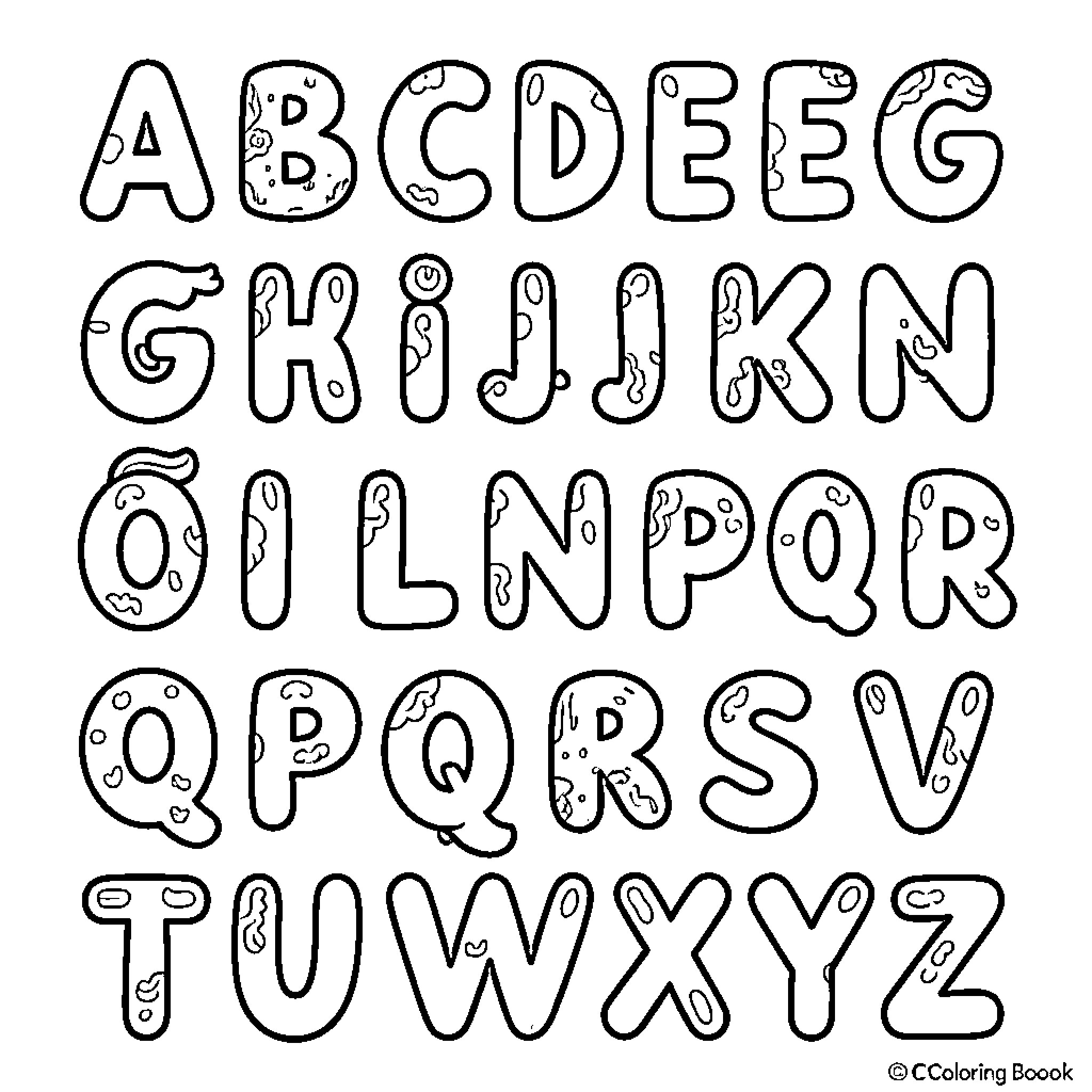 Alphabet of whimsical and playful letter designs Coloring Page (free black-and-white line drawing printable PDF for all, from beginners to advanced learners, including children, teens, adults, and seniors)