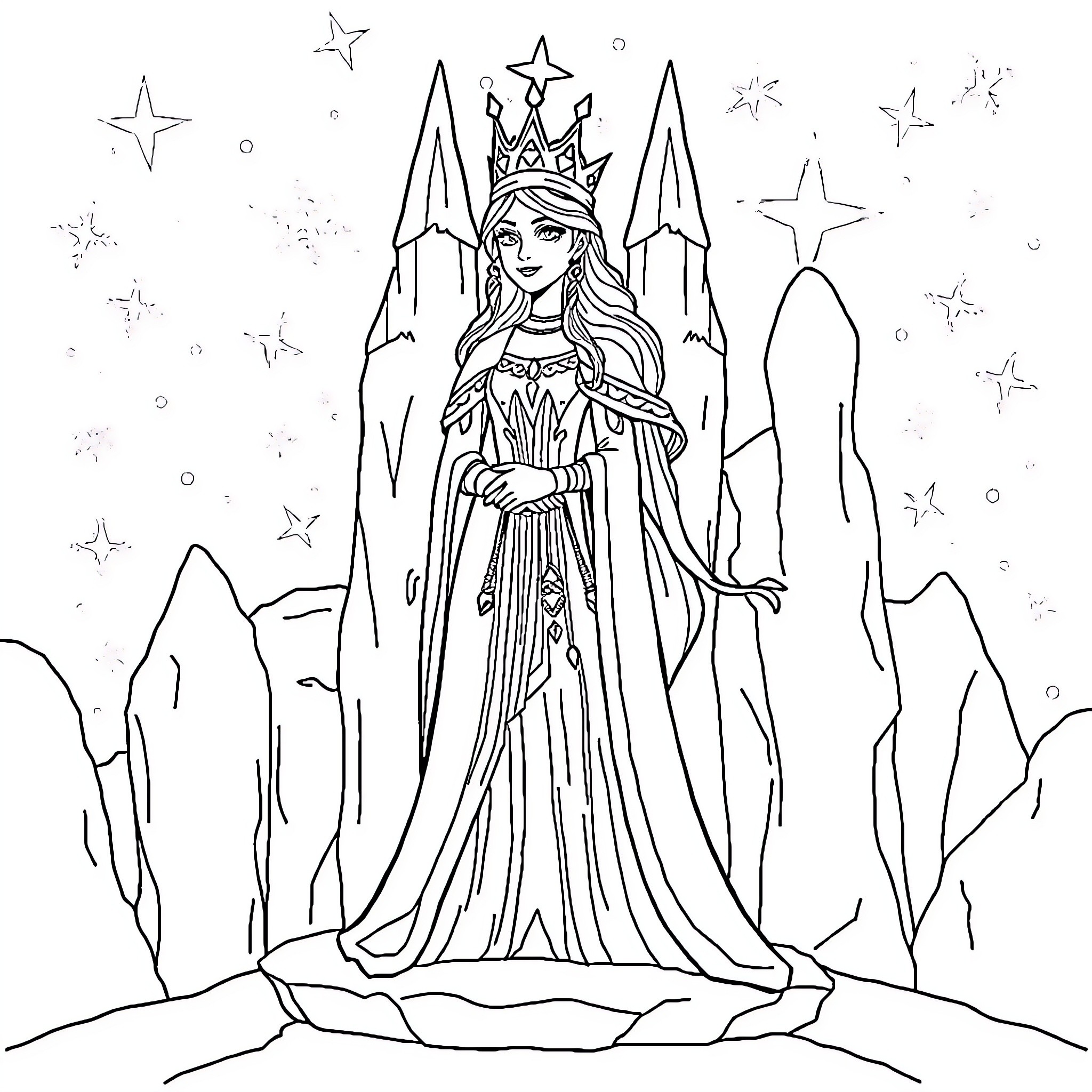 Snow Queen standing in a wintry landscape Coloring Page (free black-and-white line drawing printable PDF for all, from beginners to advanced learners, including children, teens, adults, and seniors)