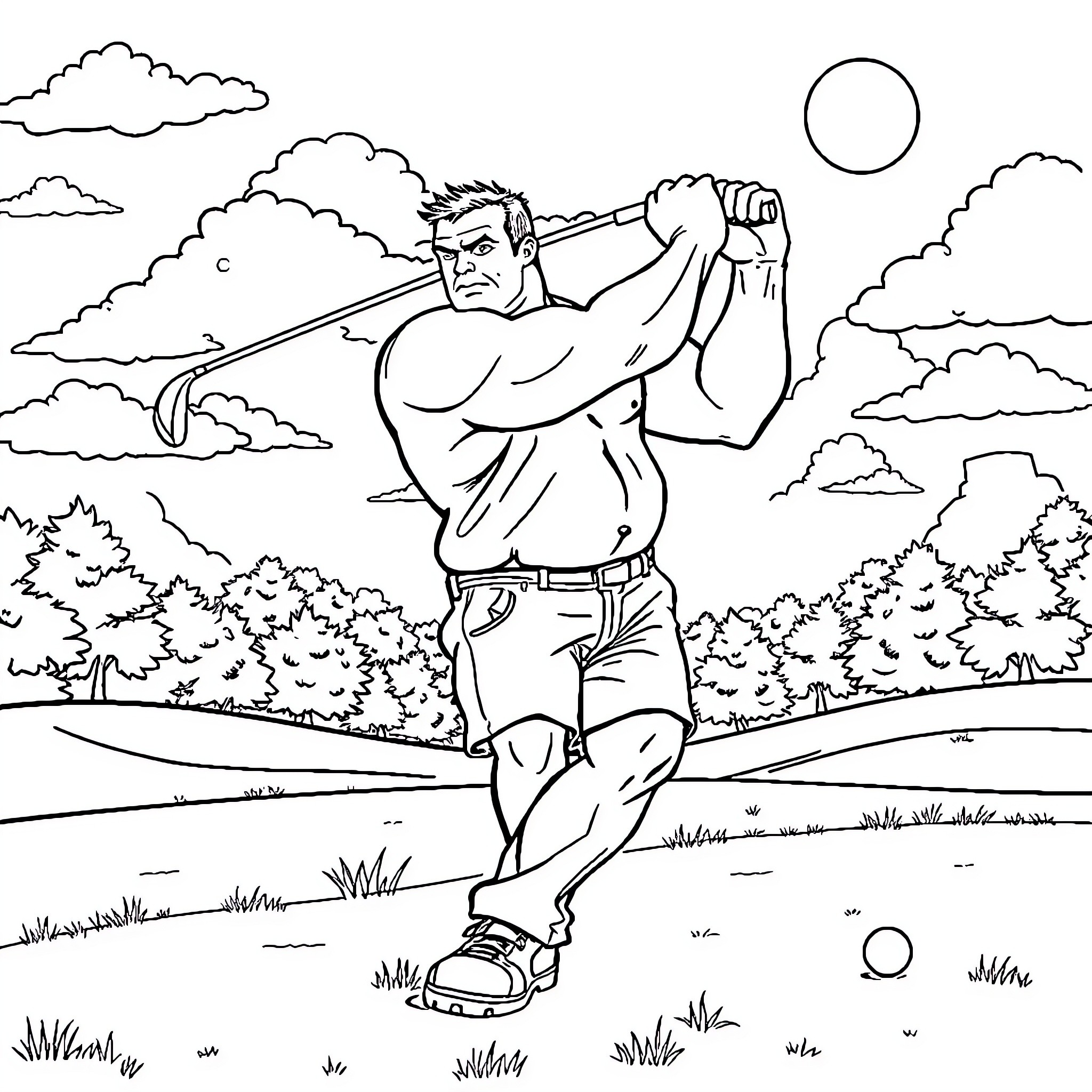 Hulk Smashing Through Nature's Landscape Coloring Page (free black-and-white line drawing printable PDF for all, from beginners to advanced learners, including children, teens, adults, and seniors)