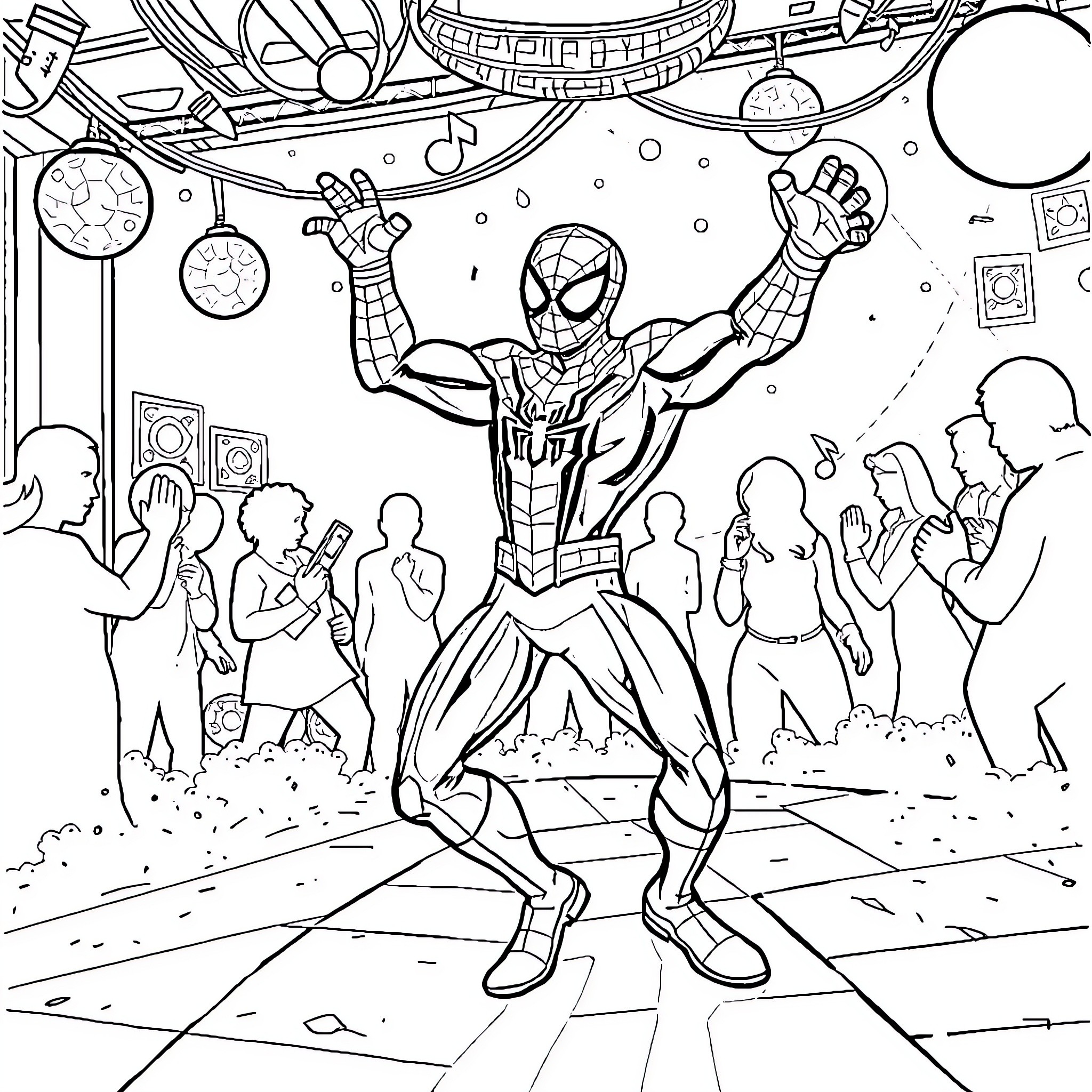 Spiderman Saving the Day in an Exciting Crowd Coloring Page (free black-and-white line drawing printable PDF for all, from beginners to advanced learners, including children, teens, adults, and seniors)
