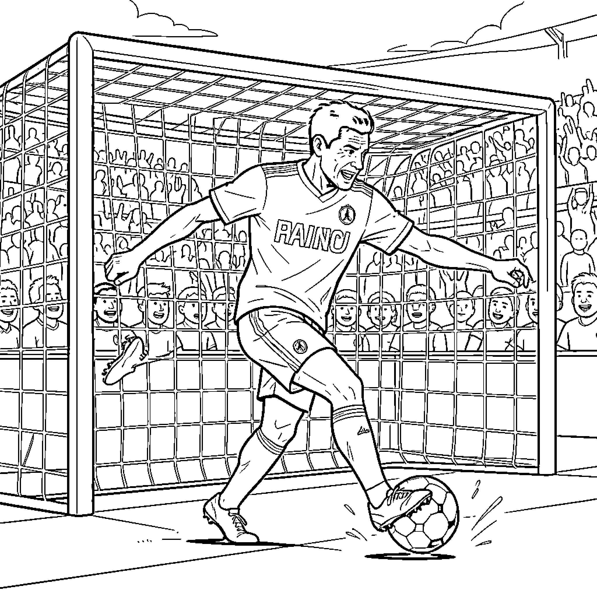 Haaland kicking a soccer ball into the goal Coloring Page (free black-and-white line drawing printable PDF for all, from beginners to advanced learners, including children, teens, adults, and seniors)