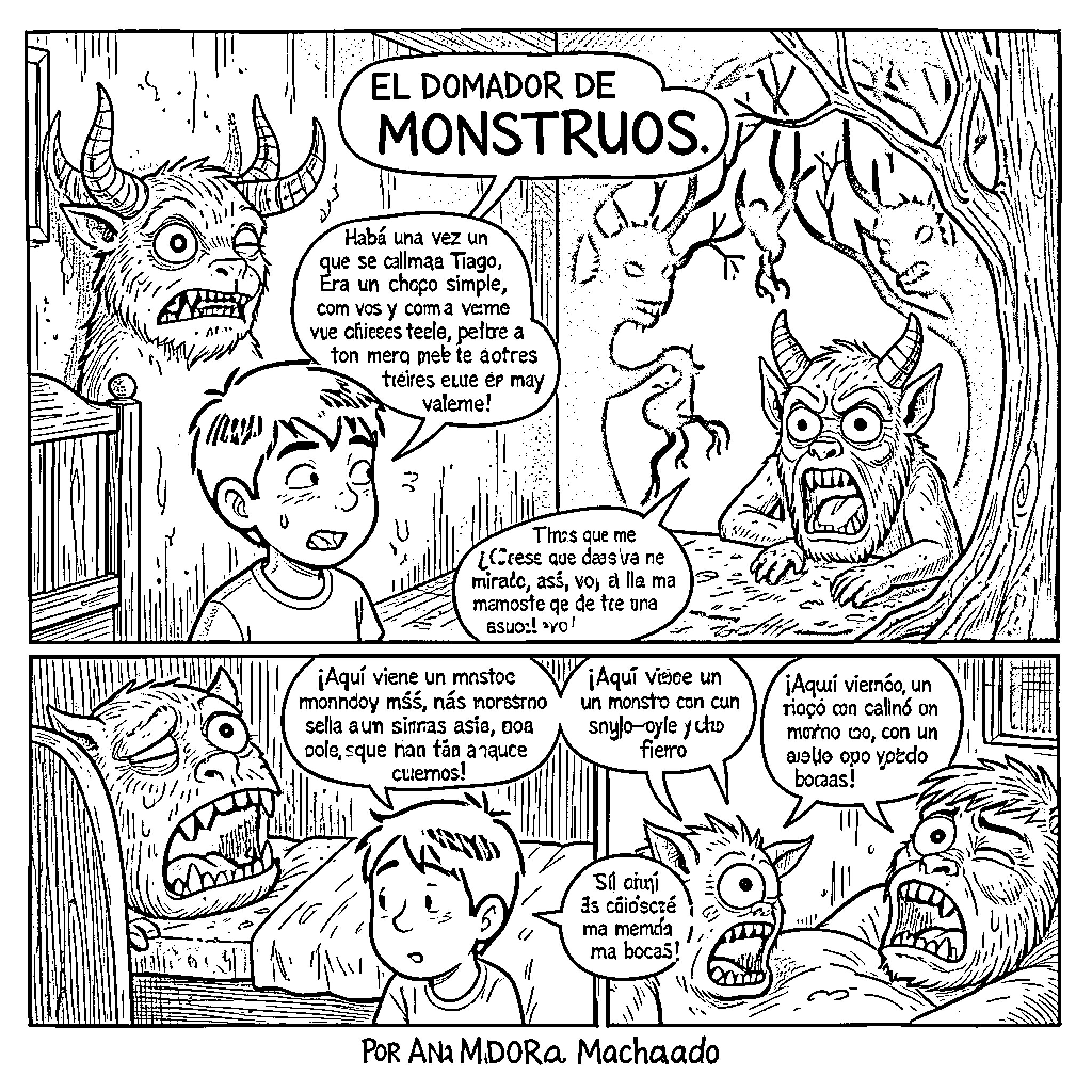 Monster Taming Trickster Unleashed in Spooky Encounter Coloring Page (free black-and-white line drawing printable PDF for all, from beginners to advanced learners, including children, teens, adults, and seniors)