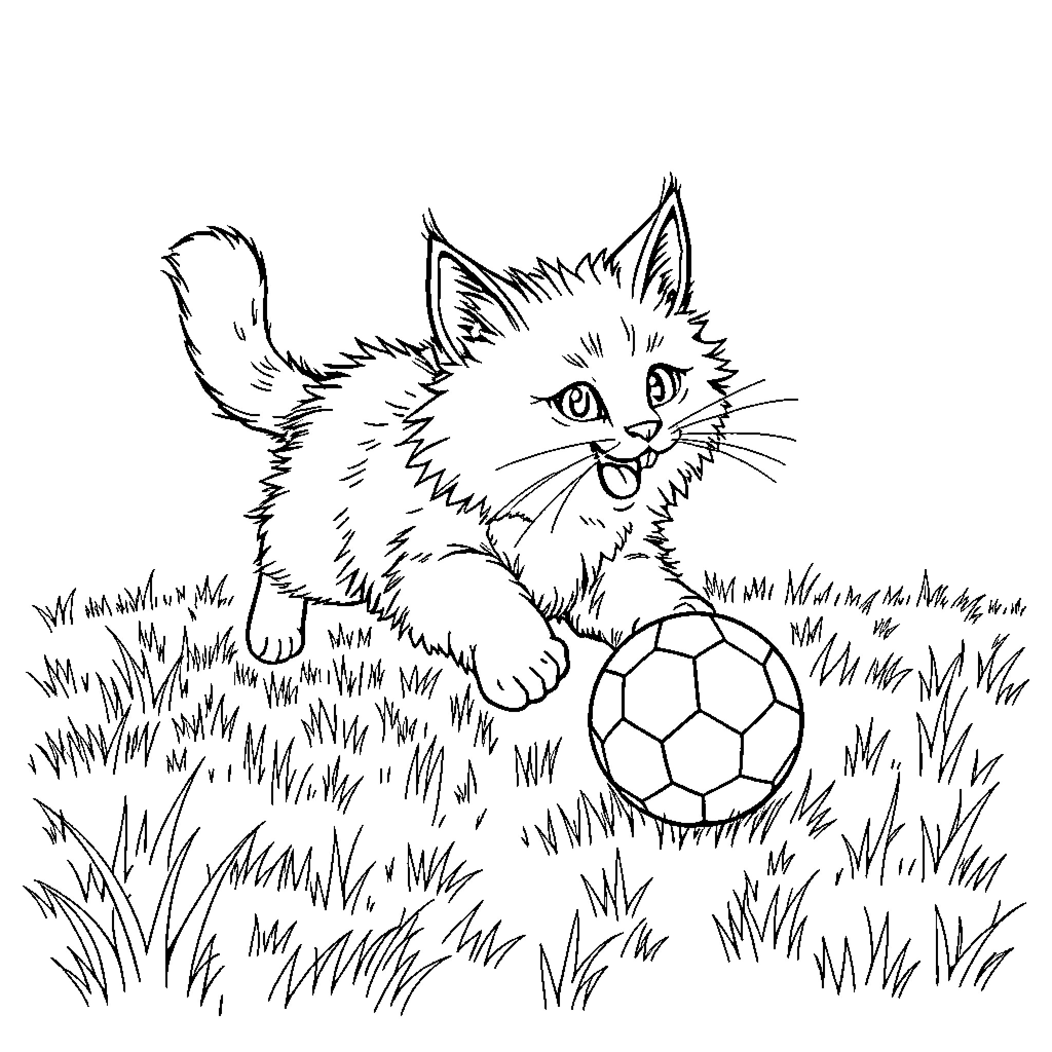 Cat playing with a soccer ball in the grass Coloring Page (free black-and-white line drawing printable PDF for all, from beginners to advanced learners, including children, teens, adults, and seniors)
