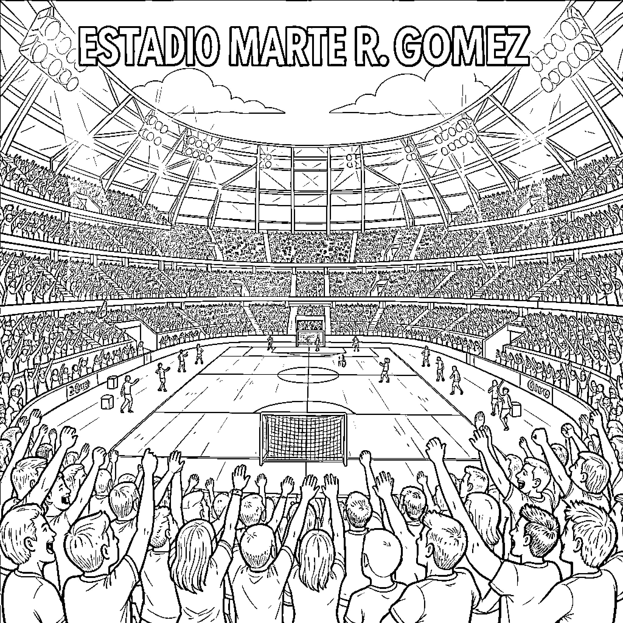 Stadium filled with cheering fans watching a match Coloring Page (free black-and-white line drawing printable PDF for all, from beginners to advanced learners, including children, teens, adults, and seniors)
