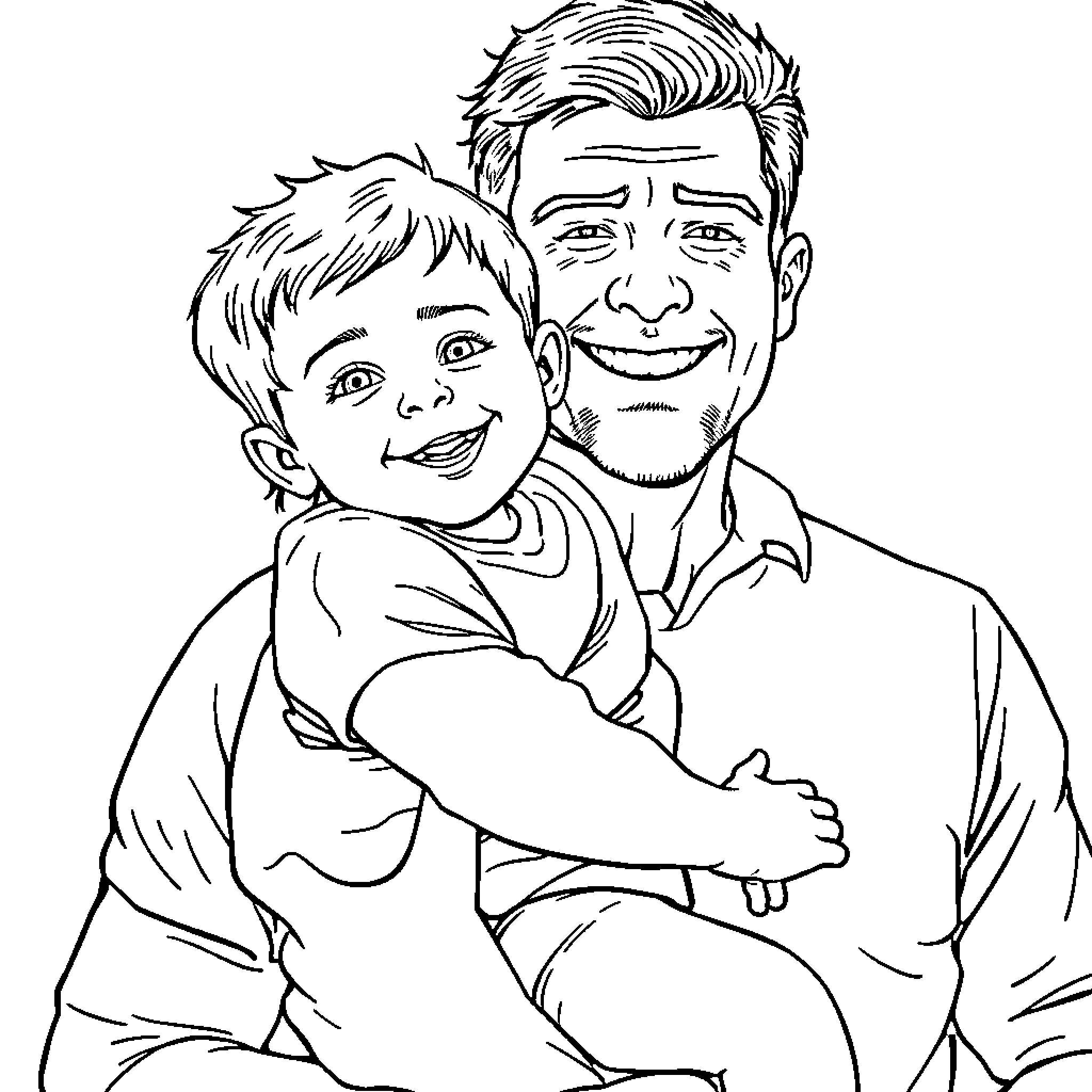 Child enjoying quality time with caring father Coloring Page (free black-and-white line drawing printable PDF for all, from beginners to advanced learners, including children, teens, adults, and seniors)