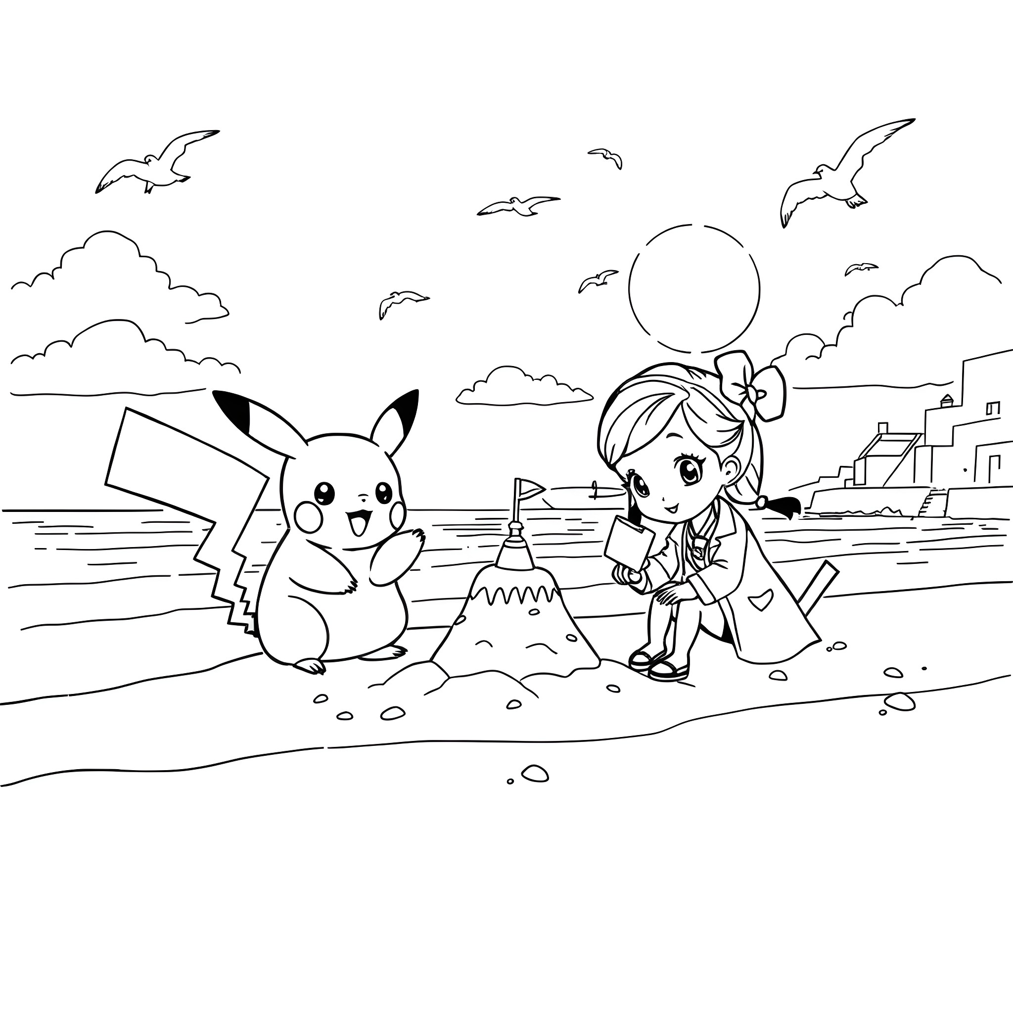 Pikachu playing with a child on the beach Coloring Page (free black-and-white line drawing printable PDF for all, from beginners to advanced learners, including children, teens, adults, and seniors)