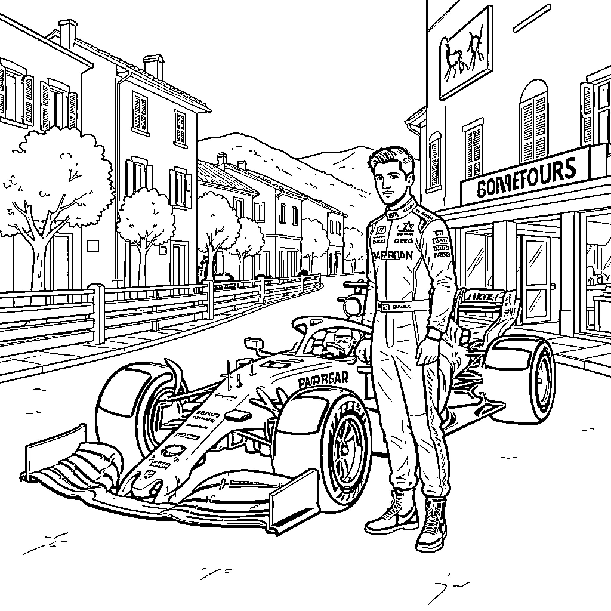 Charles Leclerc standing confidently beside a racing car Coloring Page (free black-and-white line drawing printable PDF for all, from beginners to advanced learners, including children, teens, adults, and seniors)