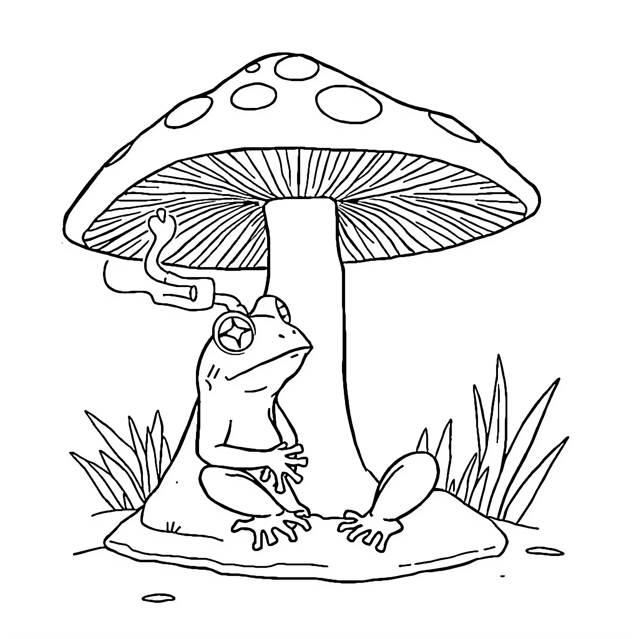Frog relaxing under a magical mushroom Coloring Page (free black-and-white line drawing printable PDF for all, from beginners to advanced learners, including children, teens, adults, and seniors)
