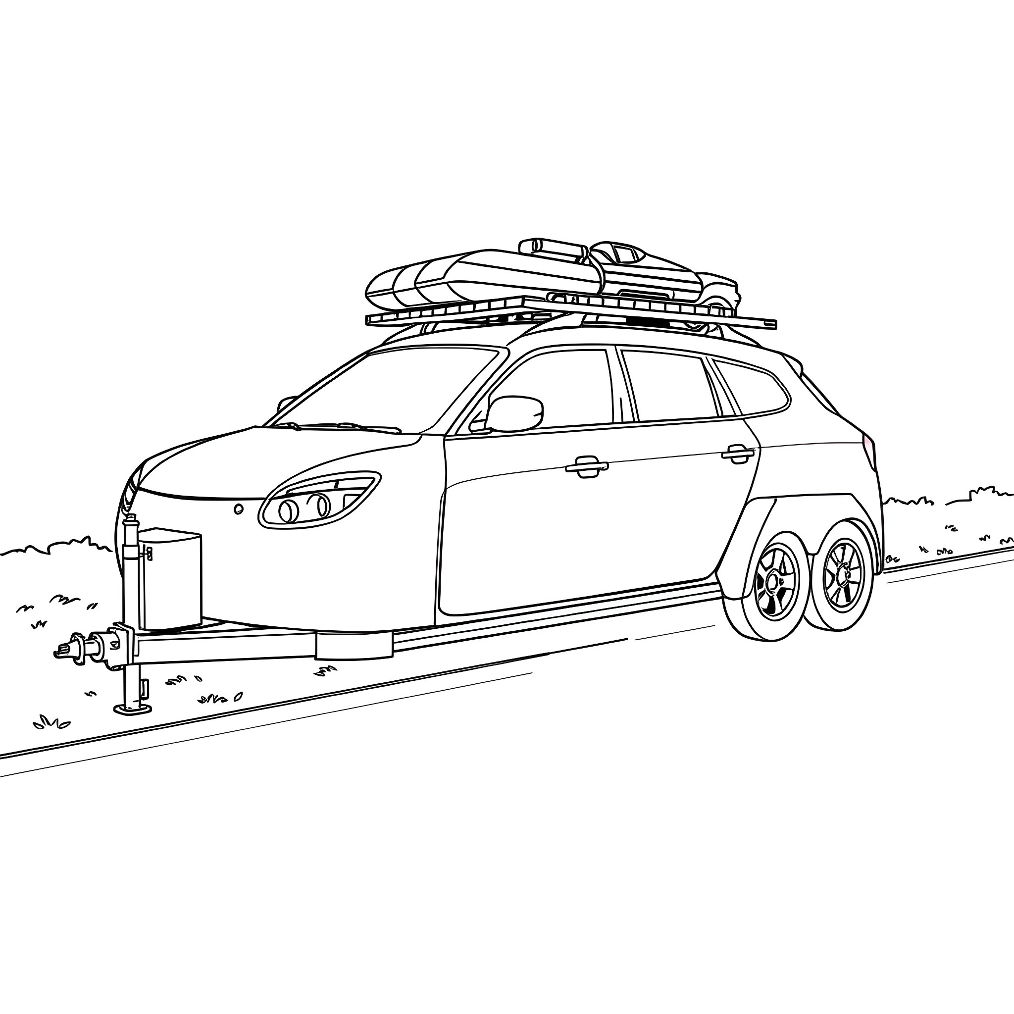Car Trailer loaded with Camping Gear on the Road Coloring Page (free black-and-white line drawing printable PDF for all, from beginners to advanced learners, including children, teens, adults, and seniors)
