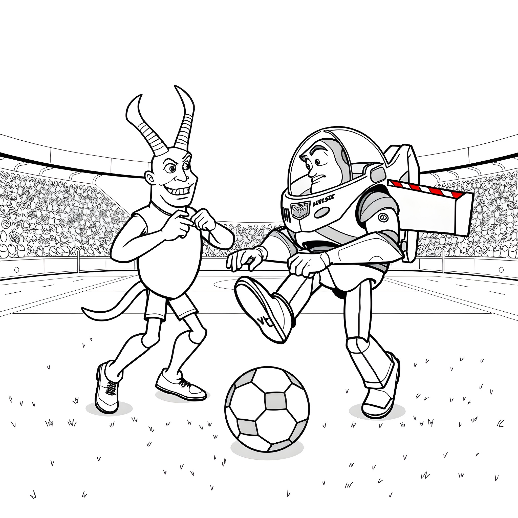 Zurg and Buzz Playing Soccer on the Field Coloring Page (free black-and-white line drawing printable PDF for all, from beginners to advanced learners, including children, teens, adults, and seniors)