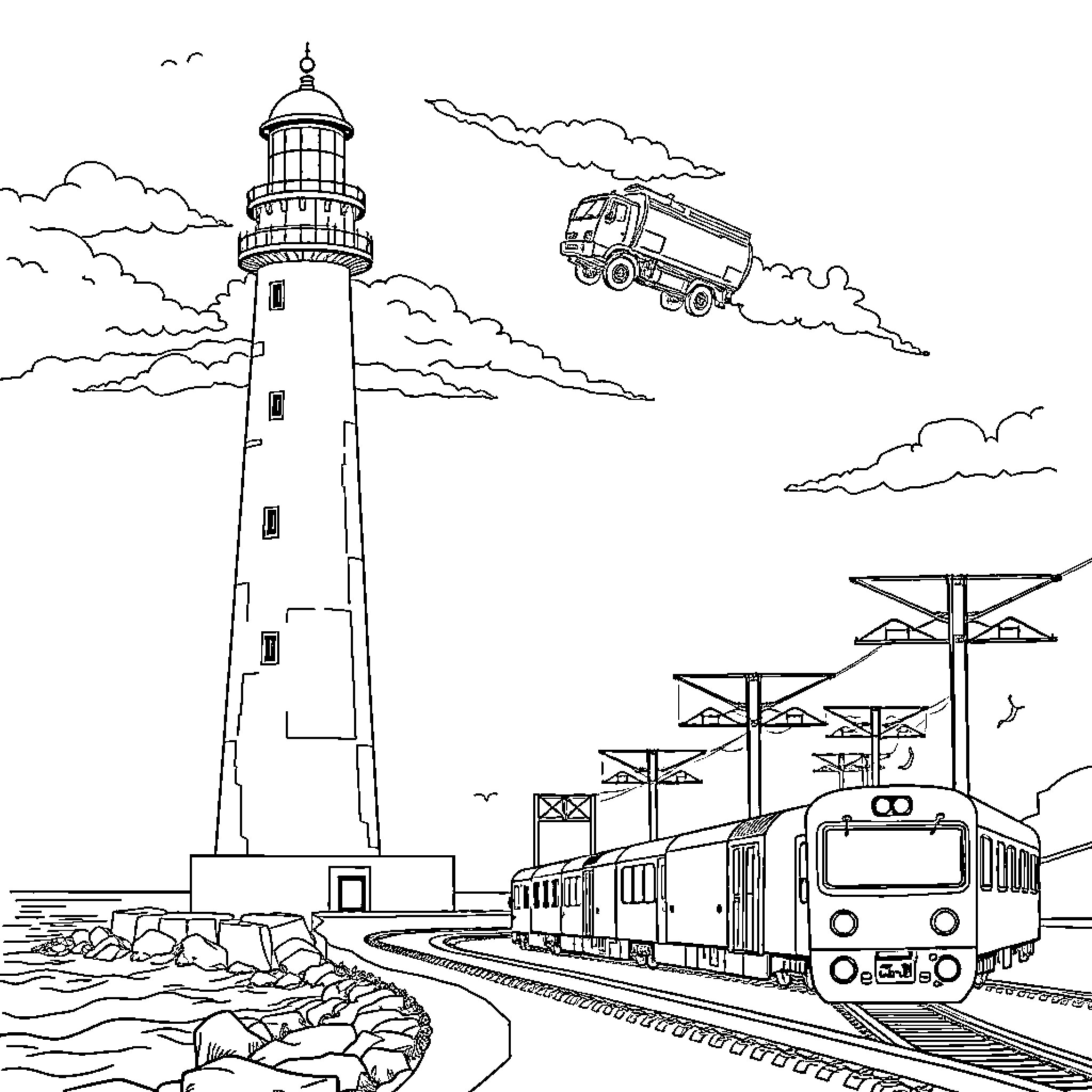 Lighthouse and Trains near the Seaside Coloring Page (free black-and-white line drawing printable PDF for all, from beginners to advanced learners, including children, teens, adults, and seniors)