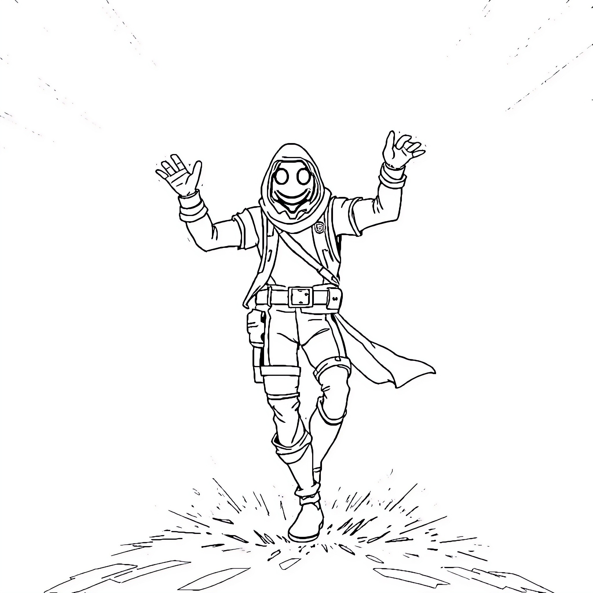 Fortnite Character Jumping Energetically Coloring Page (free black-and-white line drawing printable PDF for all, from beginners to advanced learners, including children, teens, adults, and seniors)