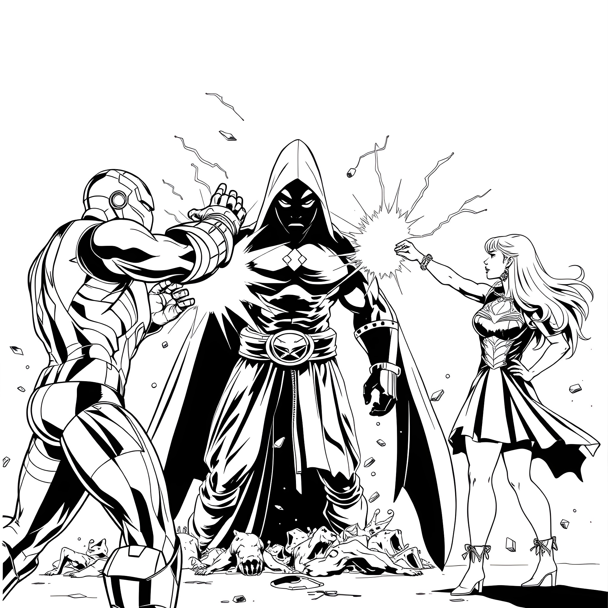 Ironman battling a powerful villain alongside a female hero Coloring Page (free black-and-white line drawing printable PDF for all, from beginners to advanced learners, including children, teens, adults, and seniors)