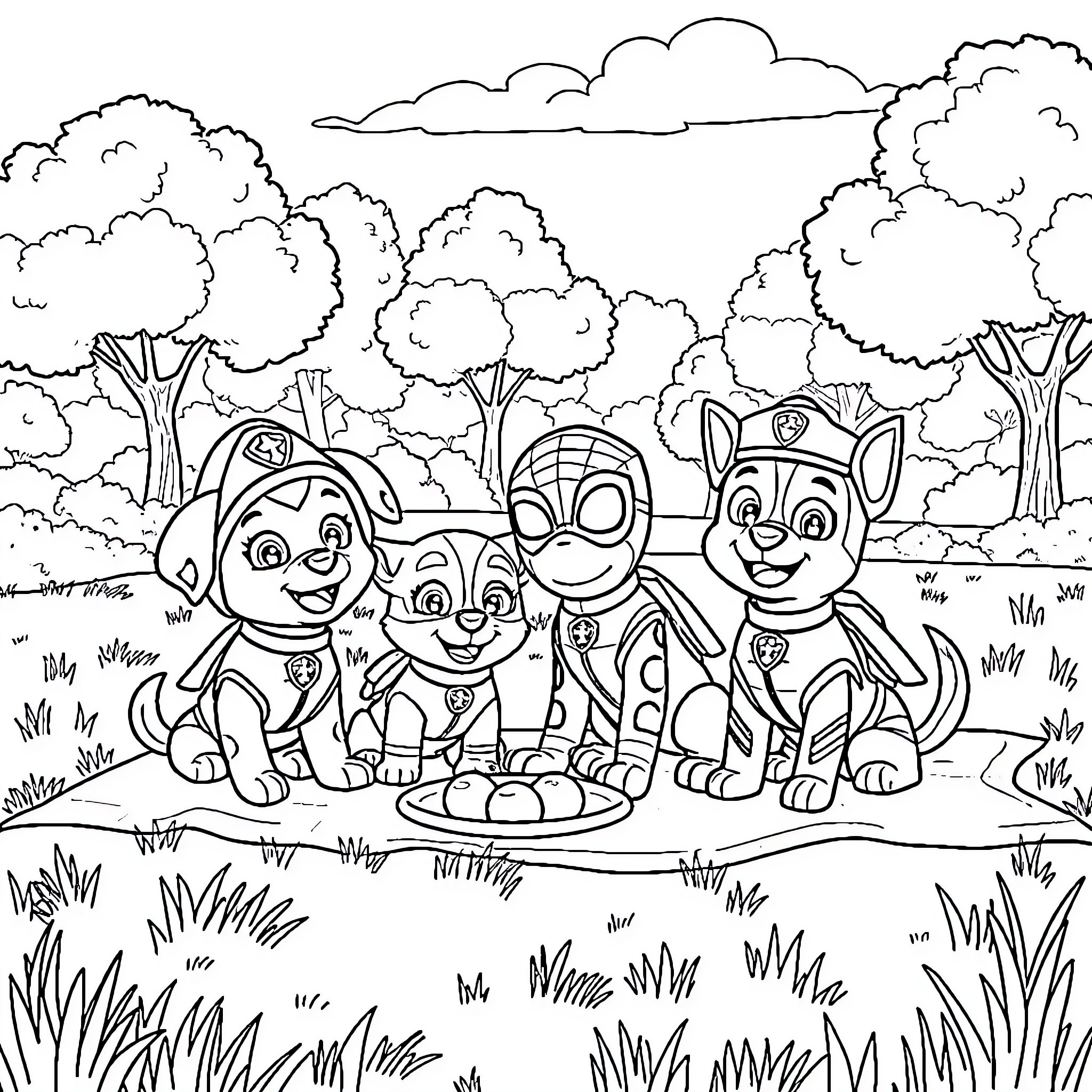 Paw Patrol characters on a nature adventure Coloring Page (free black-and-white line drawing printable PDF for all, from beginners to advanced learners, including children, teens, adults, and seniors)