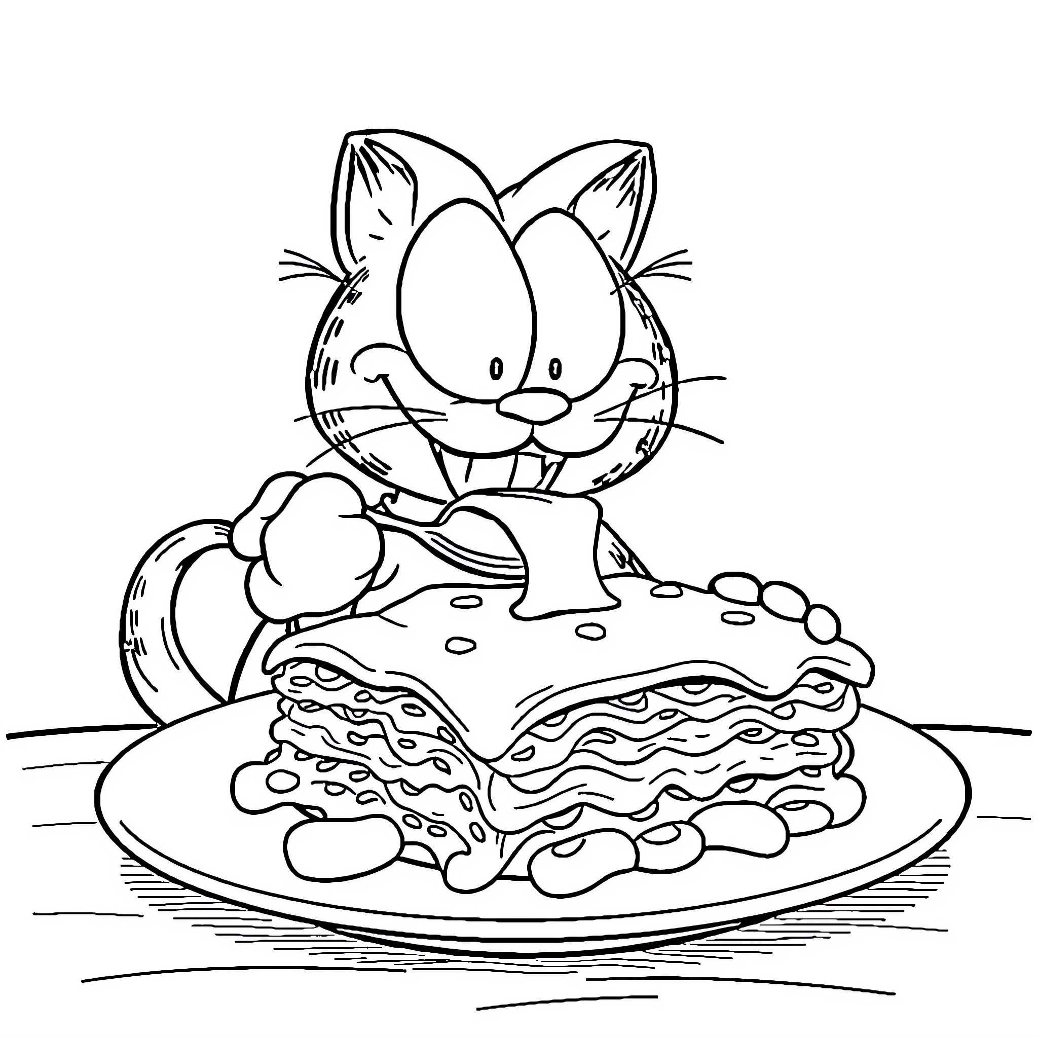Garfield enjoying a delicious lasagna Coloring Page (free black-and-white line drawing printable PDF for all, from beginners to advanced learners, including children, teens, adults, and seniors)
