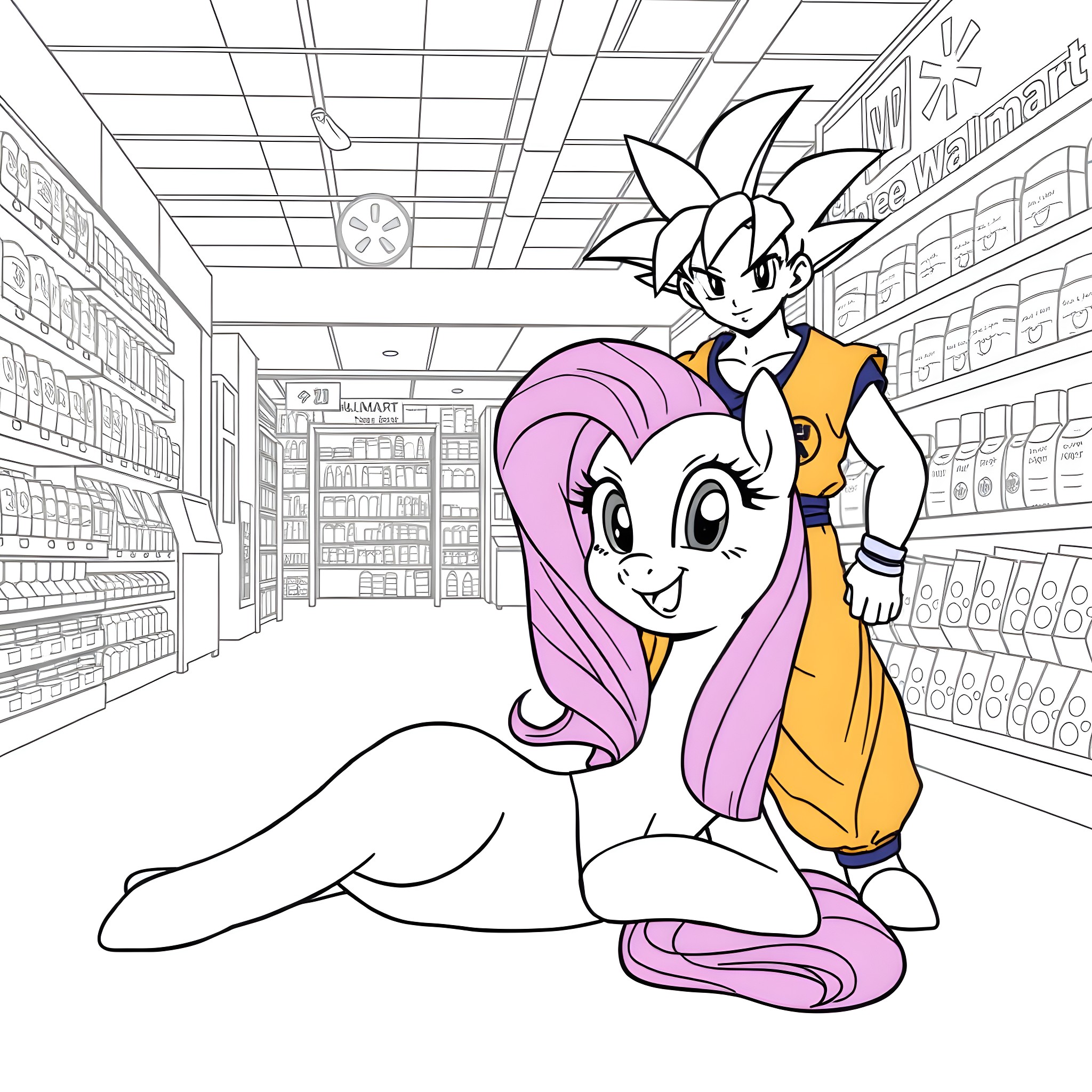 Twilight Sparkle and Fluttershy in a Supermarket Adventure Coloring Page (free black-and-white line drawing printable PDF for all, from beginners to advanced learners, including children, teens, adults, and seniors)