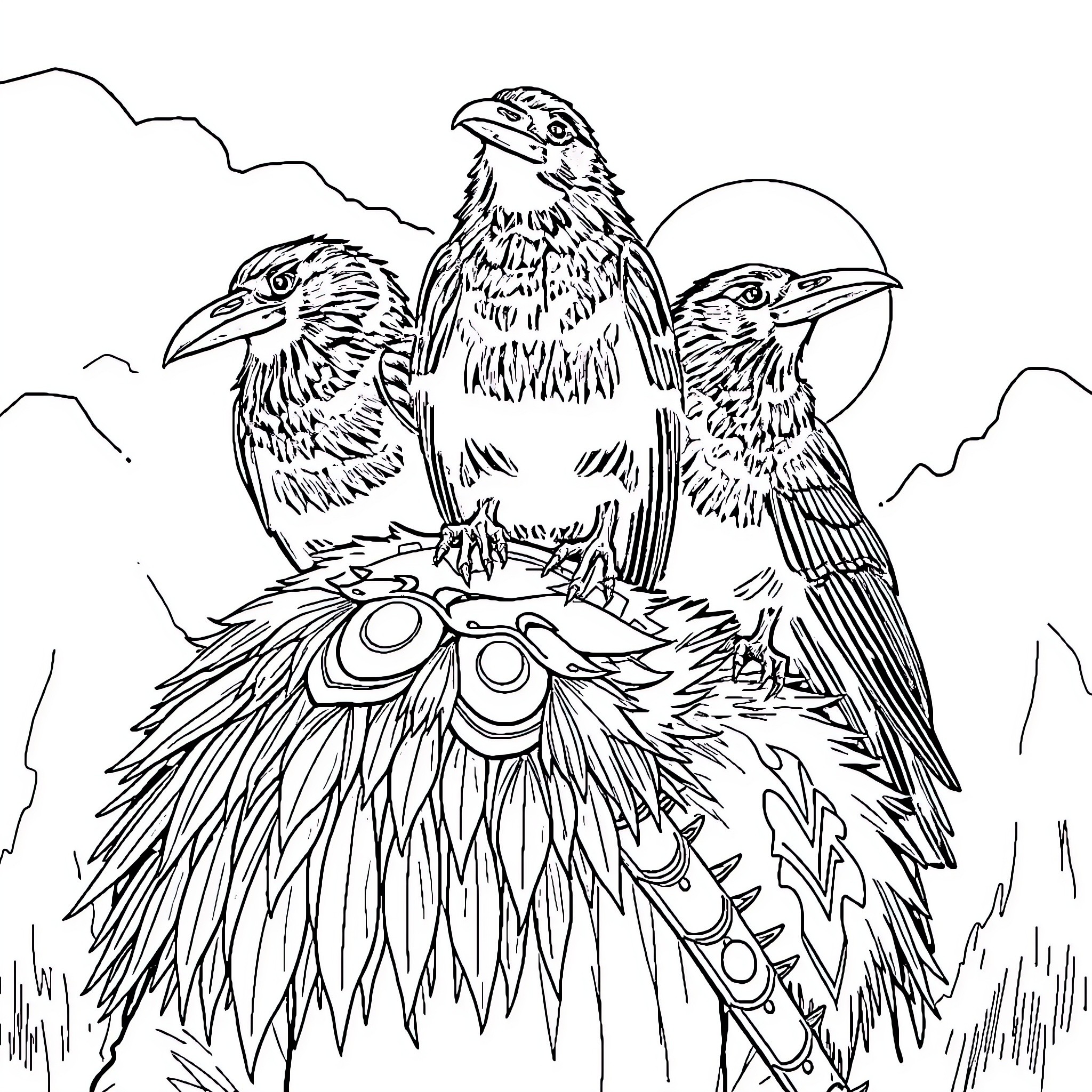 Raven Trio Perched on Nest in Cloudy Landscape Coloring Page (free black-and-white line drawing printable PDF for all, from beginners to advanced learners, including children, teens, adults, and seniors)