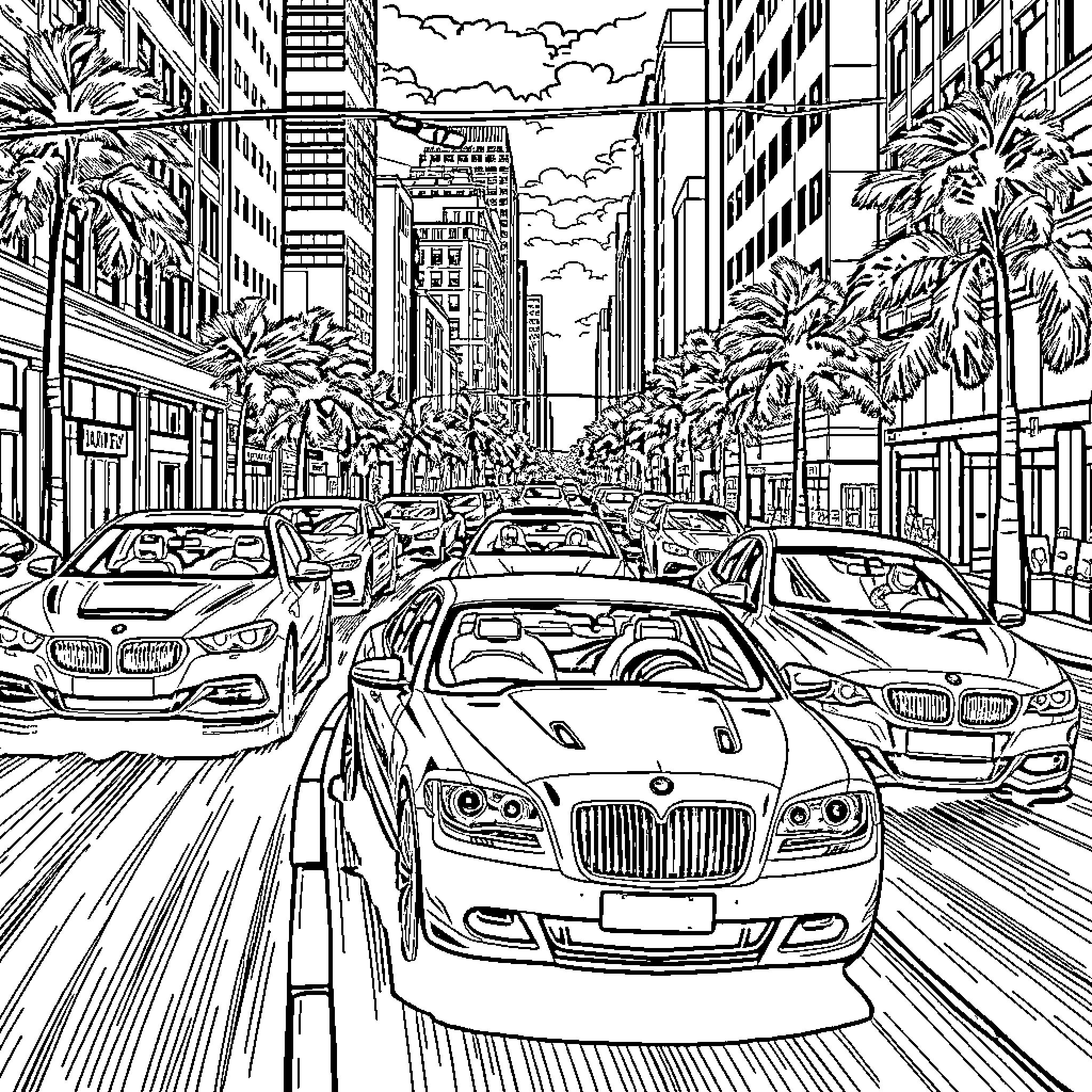Car Driving in Busy City Street with Skyscrapers Coloring Page (free black-and-white line drawing printable PDF for all, from beginners to advanced learners, including children, teens, adults, and seniors)