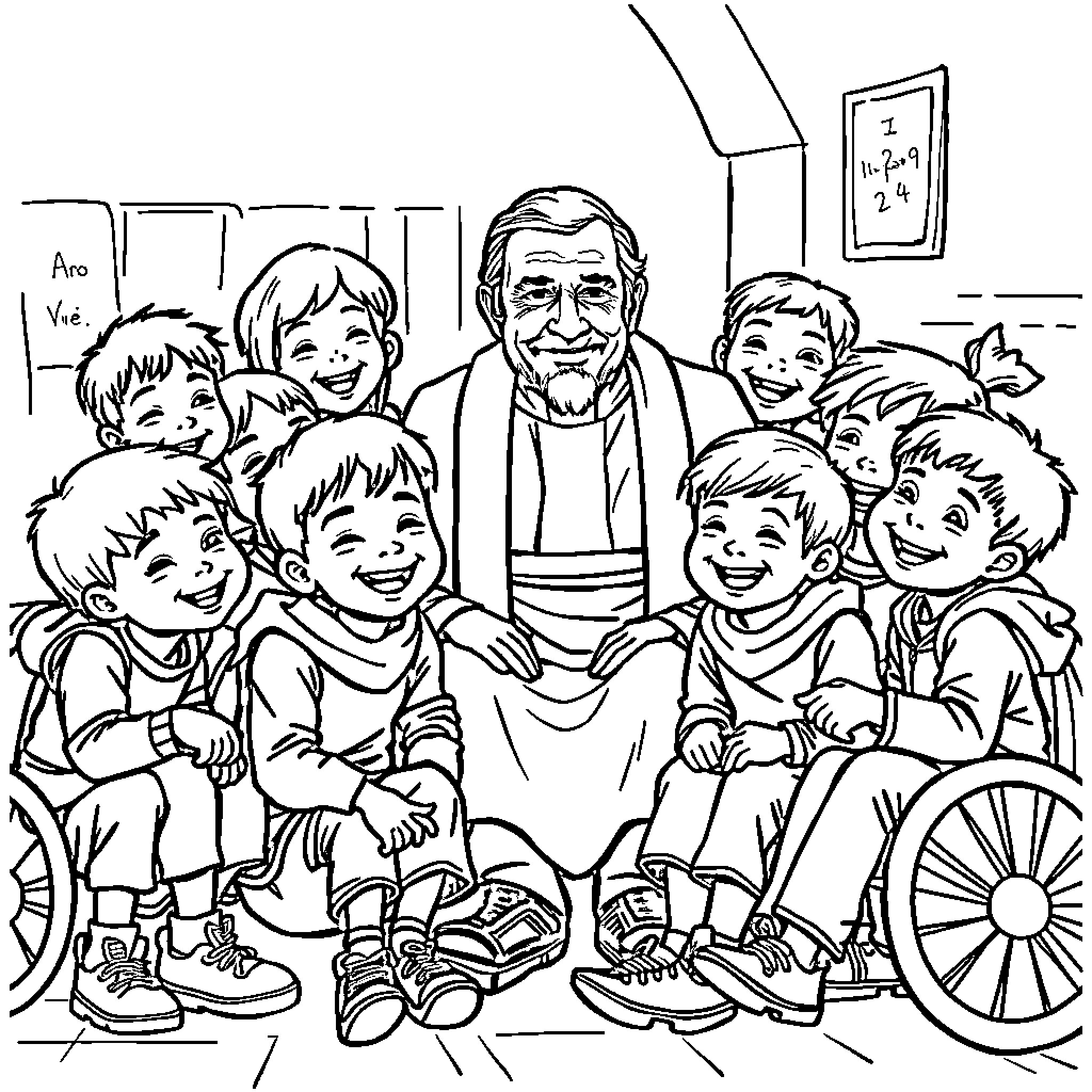 Marcelino Champagnat with group of children in a classroom setting Coloring Page (free black-and-white line drawing printable PDF for all, from beginners to advanced learners, including children, teens, adults, and seniors)