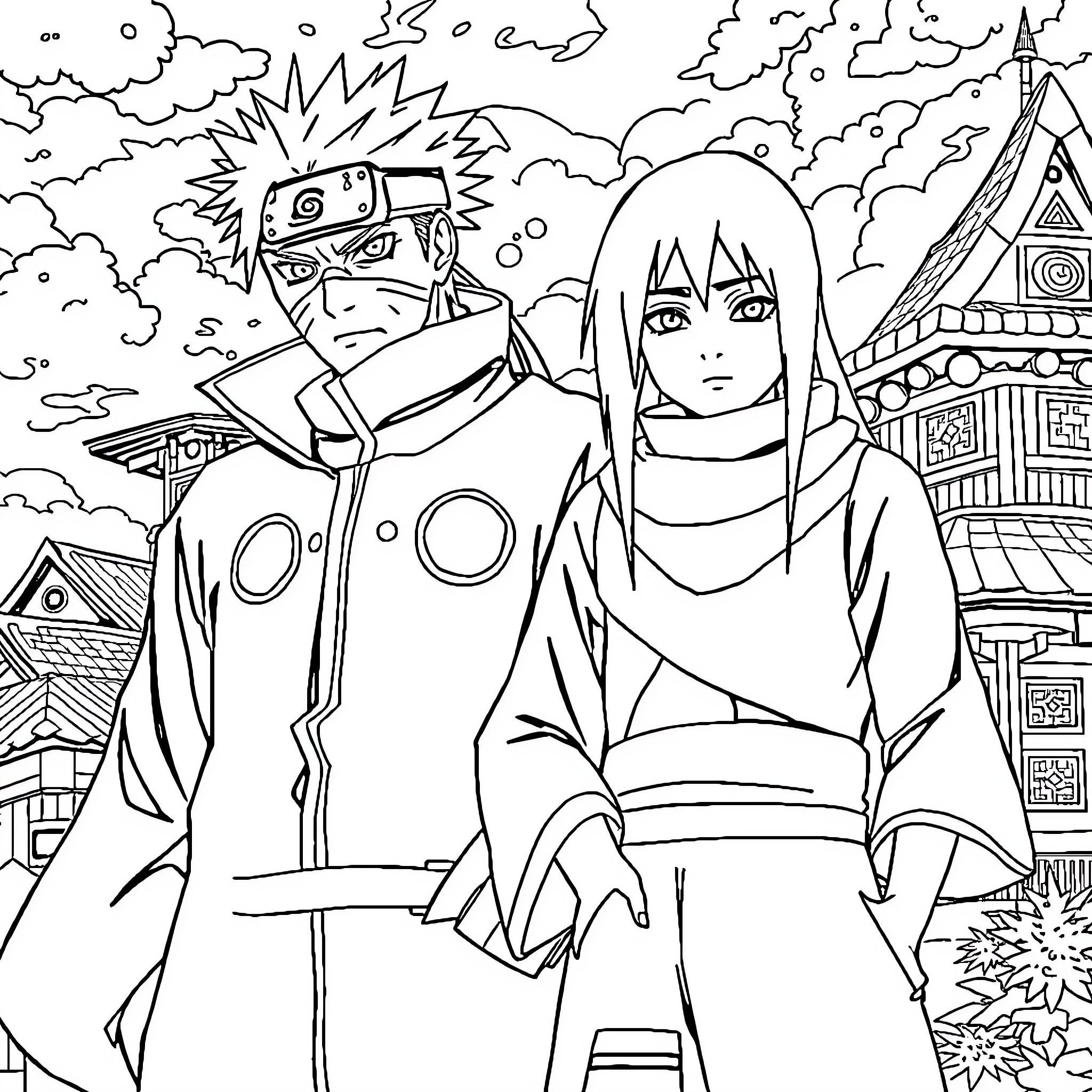 Tobirama and Sakura in Ninja Village Setting Coloring Page (free black-and-white line drawing printable PDF for all, from beginners to advanced learners, including children, teens, adults, and seniors)