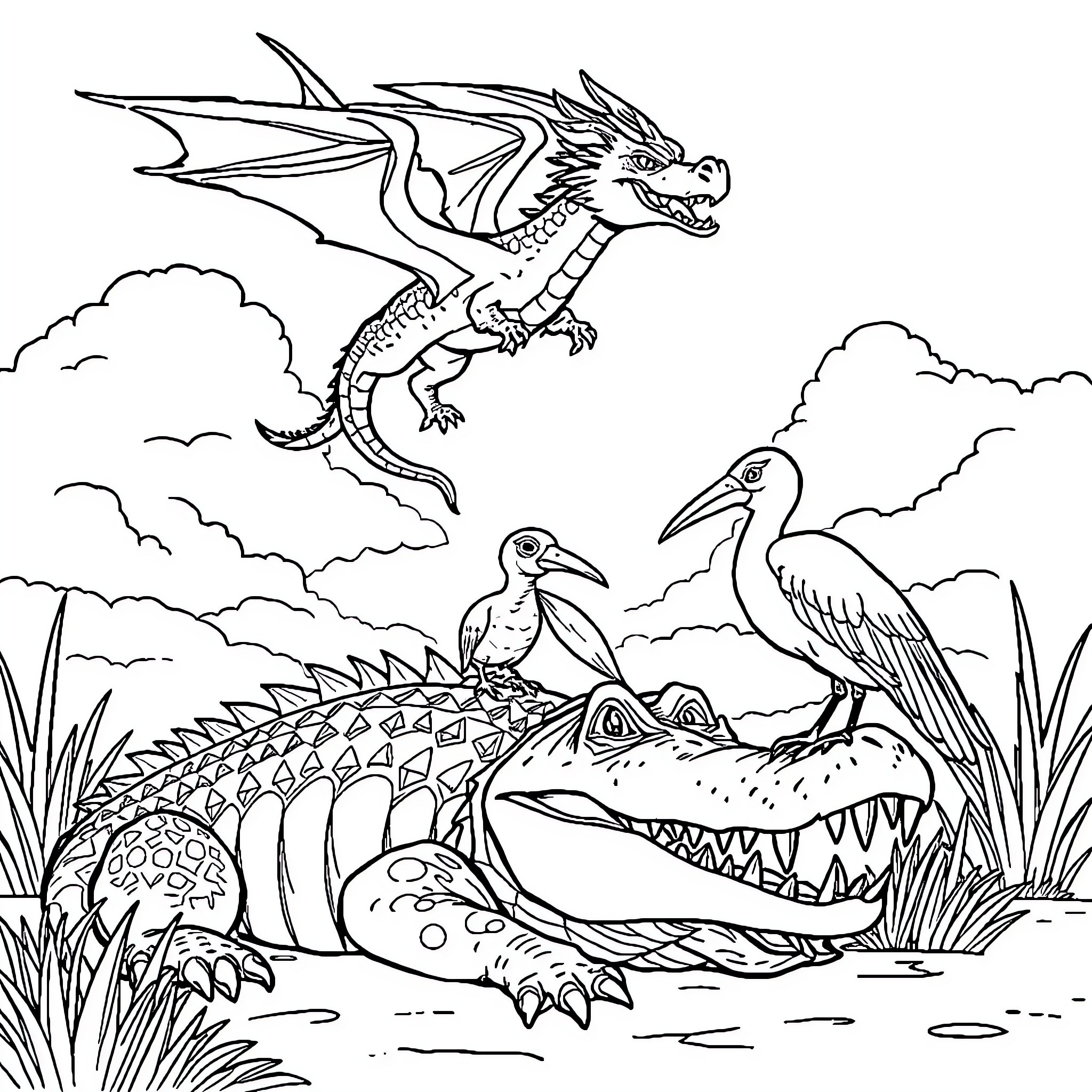 Dragon soaring above mystical swamp with animals Coloring Page (free black-and-white line drawing printable PDF for all, from beginners to advanced learners, including children, teens, adults, and seniors)