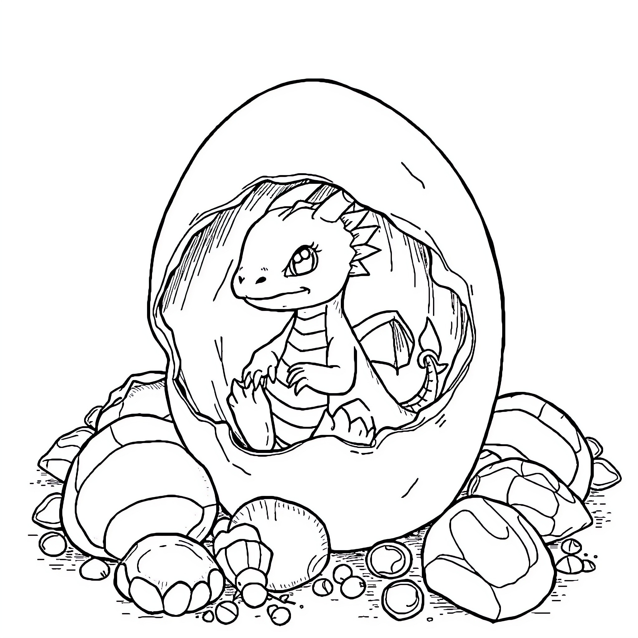 Dragon hatchling emerging from cracked egg Coloring Page (free black-and-white line drawing printable PDF for all, from beginners to advanced learners, including children, teens, adults, and seniors)