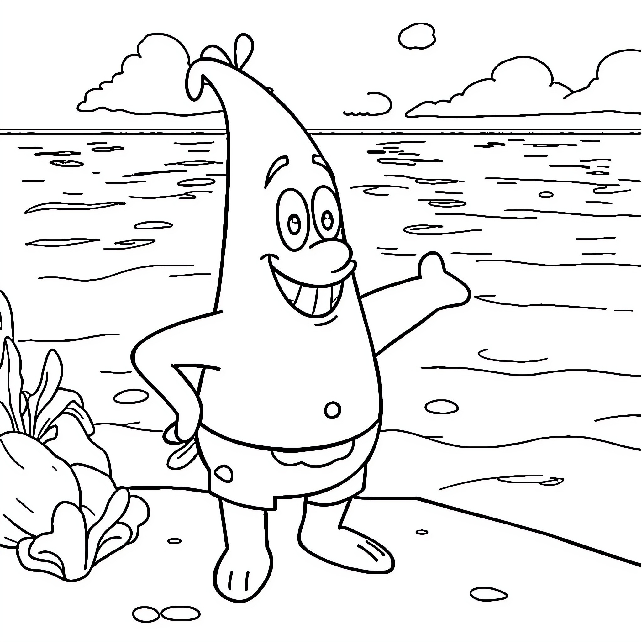 Patrick's Cheerful Beach Adventure Coloring Page (free black-and-white line drawing printable PDF for all, from beginners to advanced learners, including children, teens, adults, and seniors)