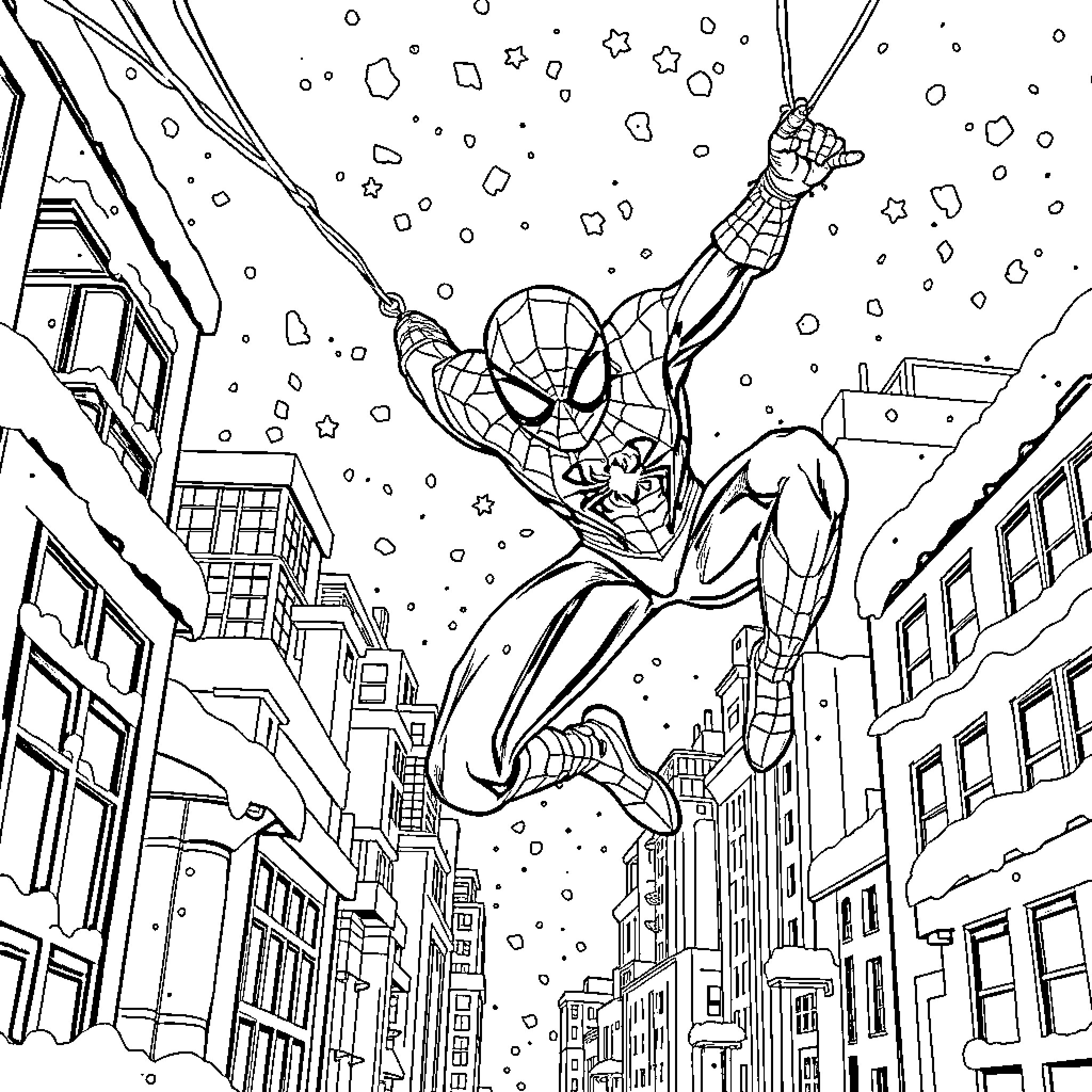 Spider-Man swinging heroically through the snowy city Coloring Page (free black-and-white line drawing printable PDF for all, from beginners to advanced learners, including children, teens, adults, and seniors)