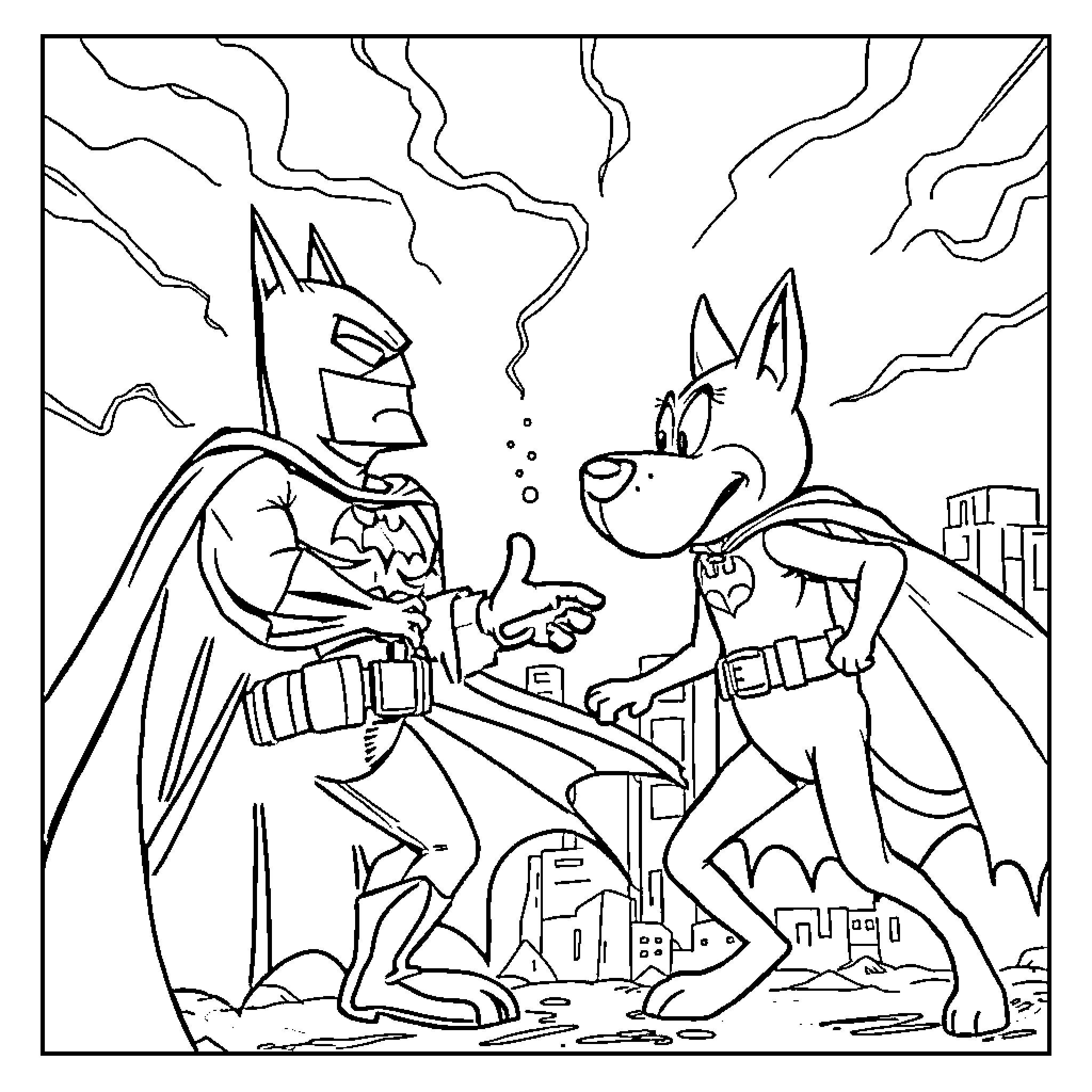 Courage of Caped Crusaders in Urban Showdown Coloring Page (free black-and-white line drawing printable PDF for all, from beginners to advanced learners, including children, teens, adults, and seniors)