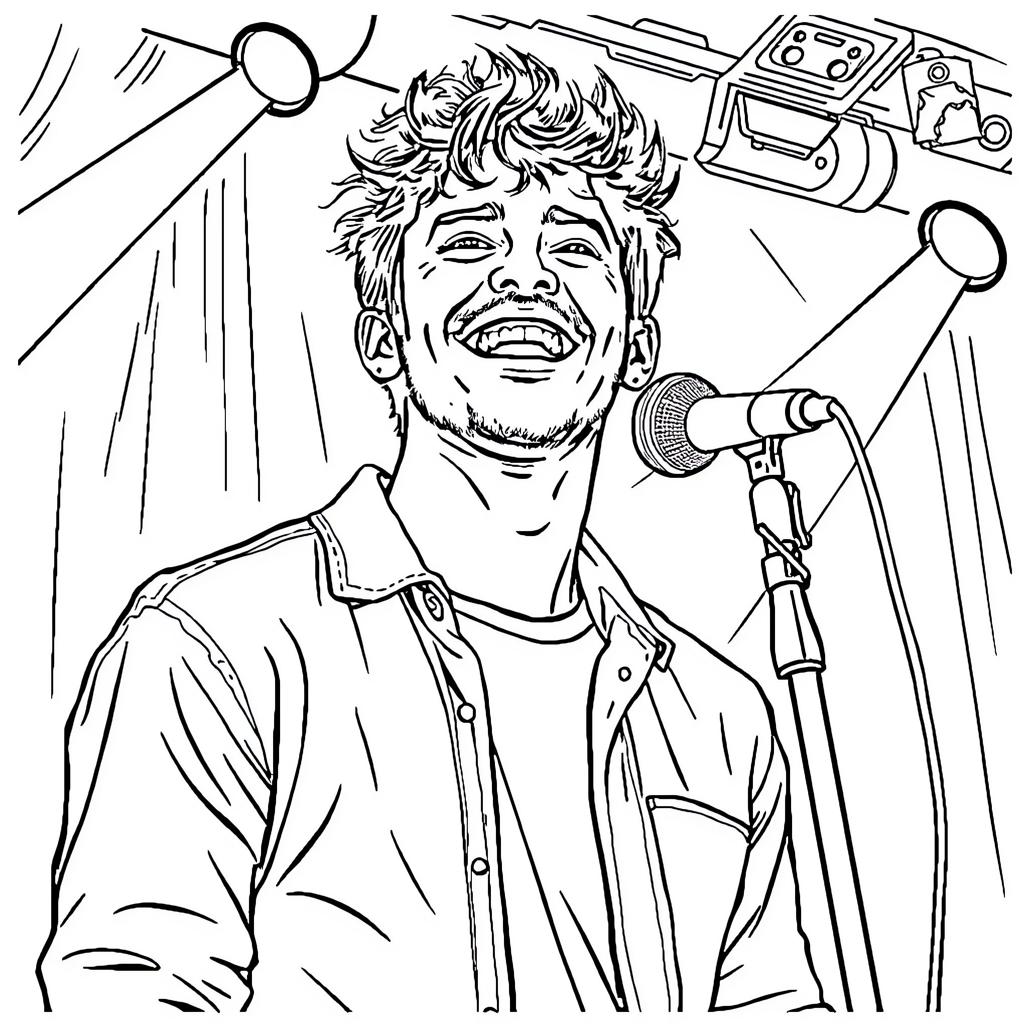 Jake singing joyfully on stage with spotlights Coloring Page (free black-and-white line drawing printable PDF for all, from beginners to advanced learners, including children, teens, adults, and seniors)