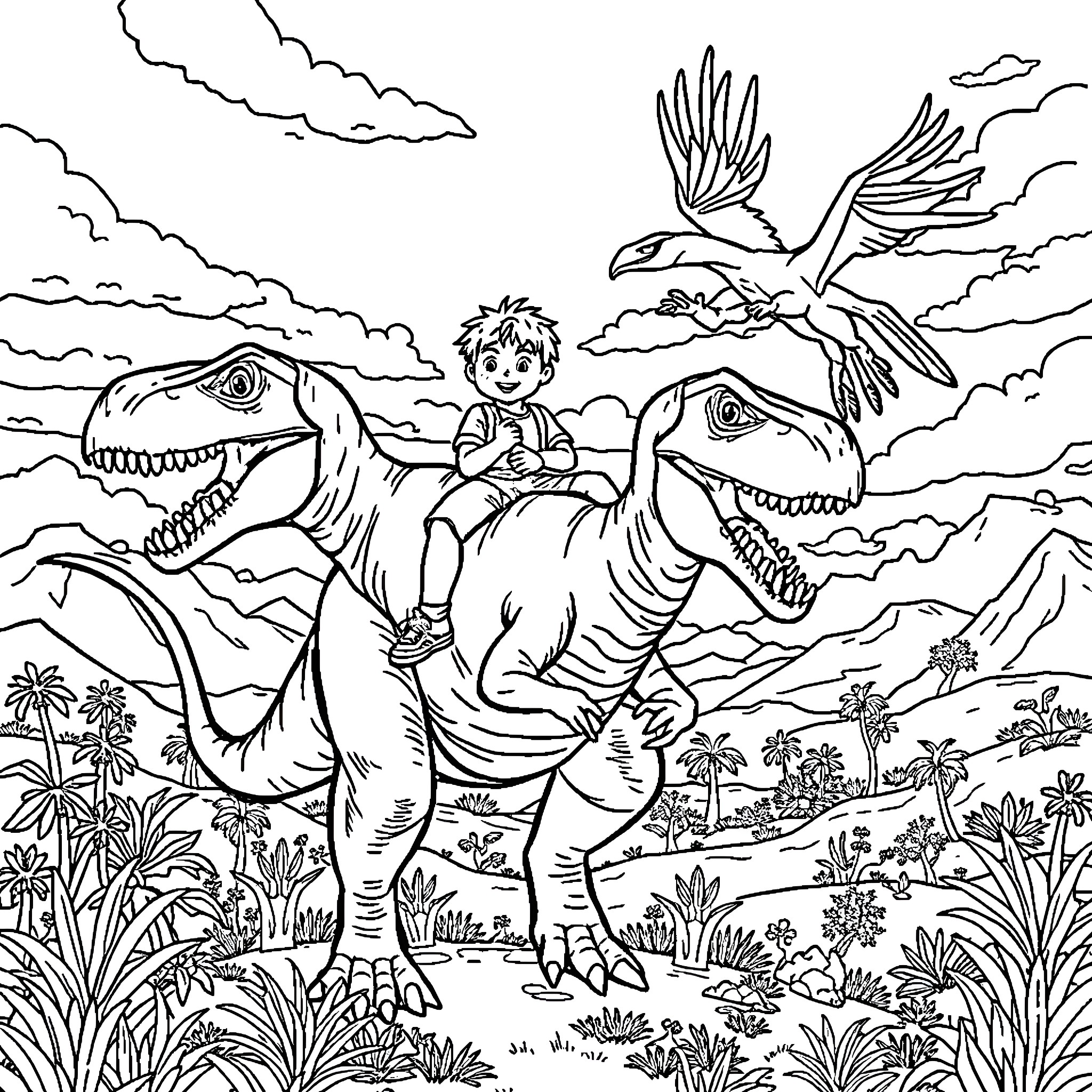 Dinosaur Adventures with a Flying Creature Coloring Page (free black-and-white line drawing printable PDF for all, from beginners to advanced learners, including children, teens, adults, and seniors)