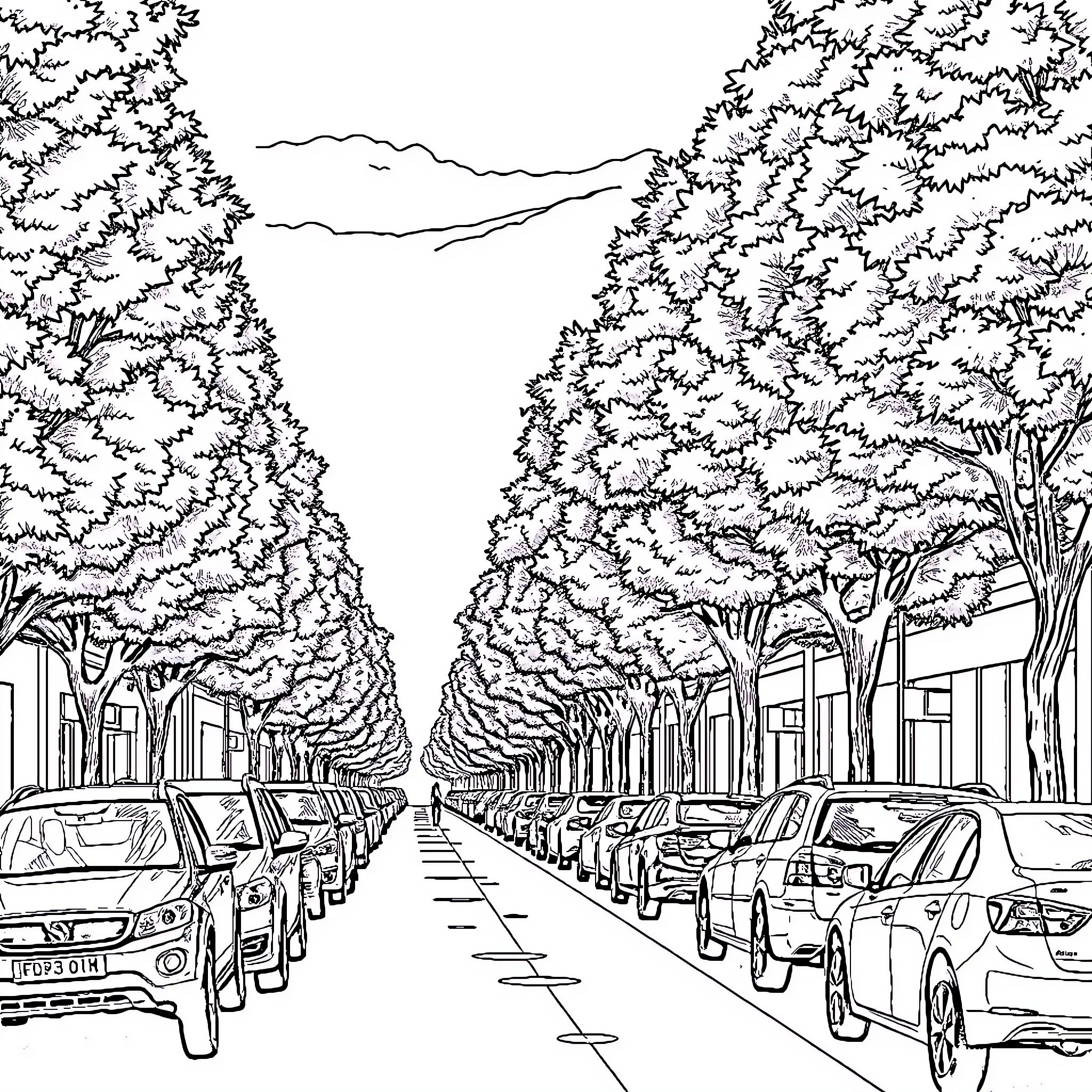 Tree-lined street with parked cars Coloring Page (free black-and-white line drawing printable PDF for all, from beginners to advanced learners, including children, teens, adults, and seniors)
