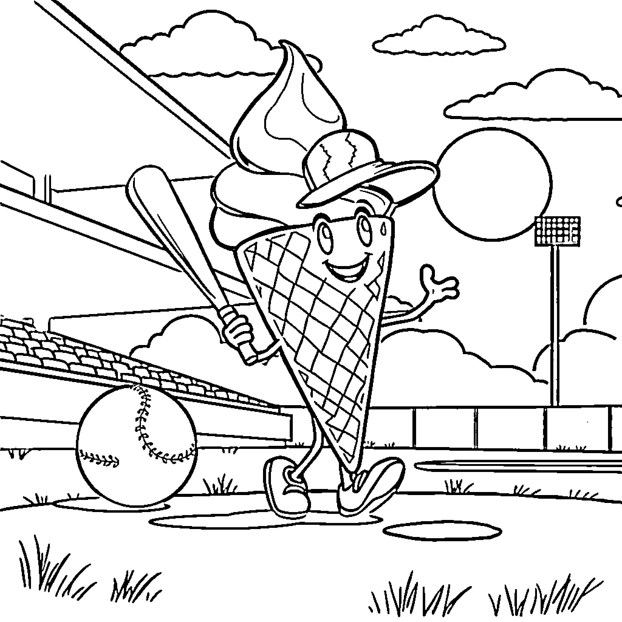 Ice Cream Playing Baseball in the Park Coloring Page (free black-and-white line drawing printable PDF for all, from beginners to advanced learners, including children, teens, adults, and seniors)
