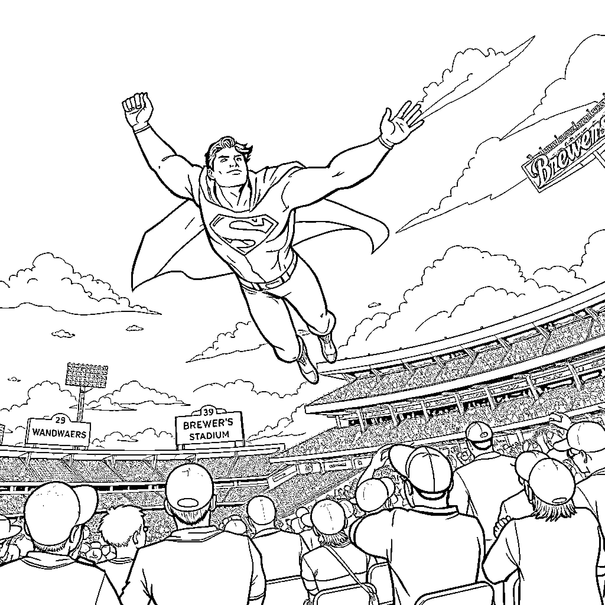 Superman soaring over the stadium crowd Coloring Page (free black-and-white line drawing printable PDF for all, from beginners to advanced learners, including children, teens, adults, and seniors)