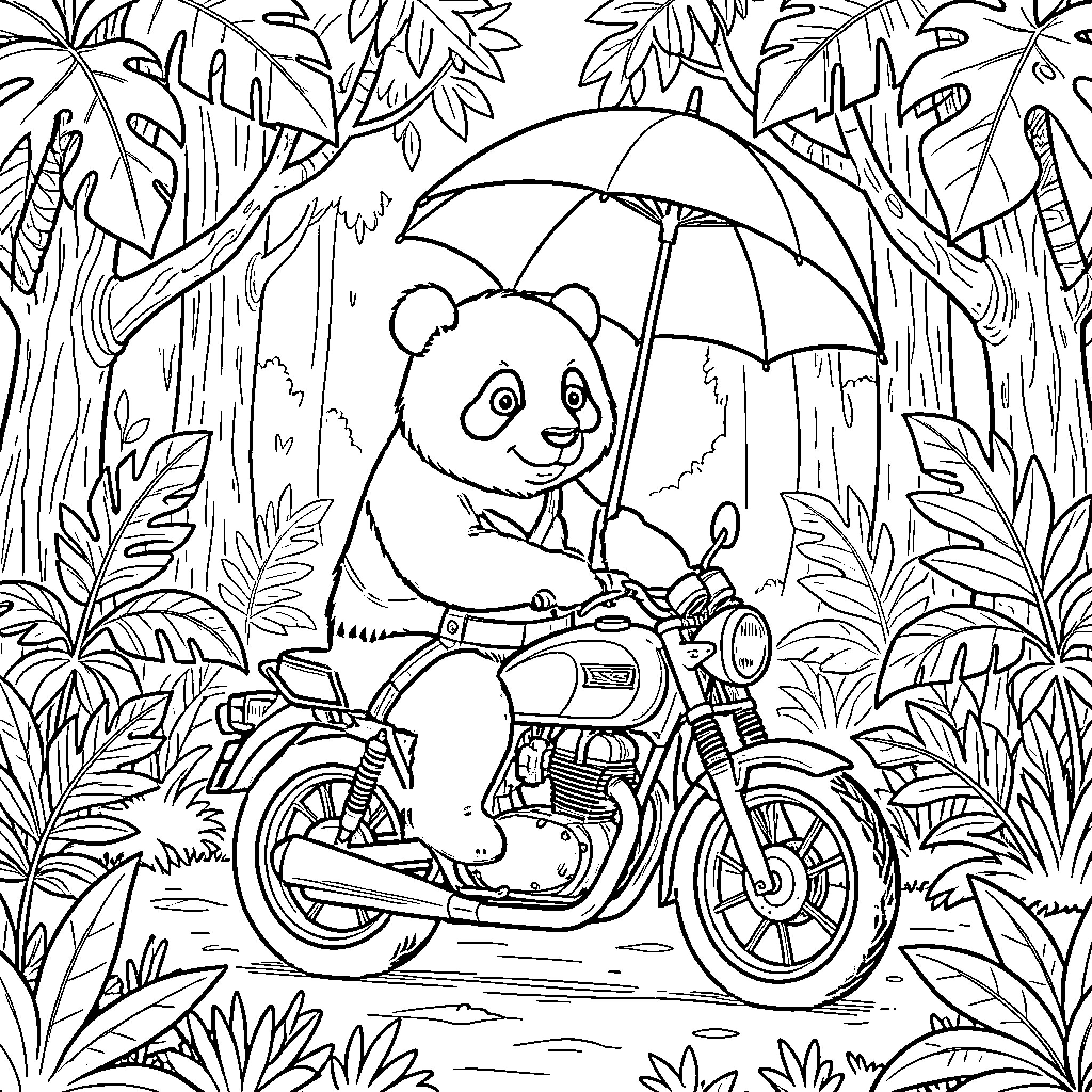 Panda riding a motorcycle under an umbrella in the jungle Coloring Page (free black-and-white line drawing printable PDF for all, from beginners to advanced learners, including children, teens, adults, and seniors)