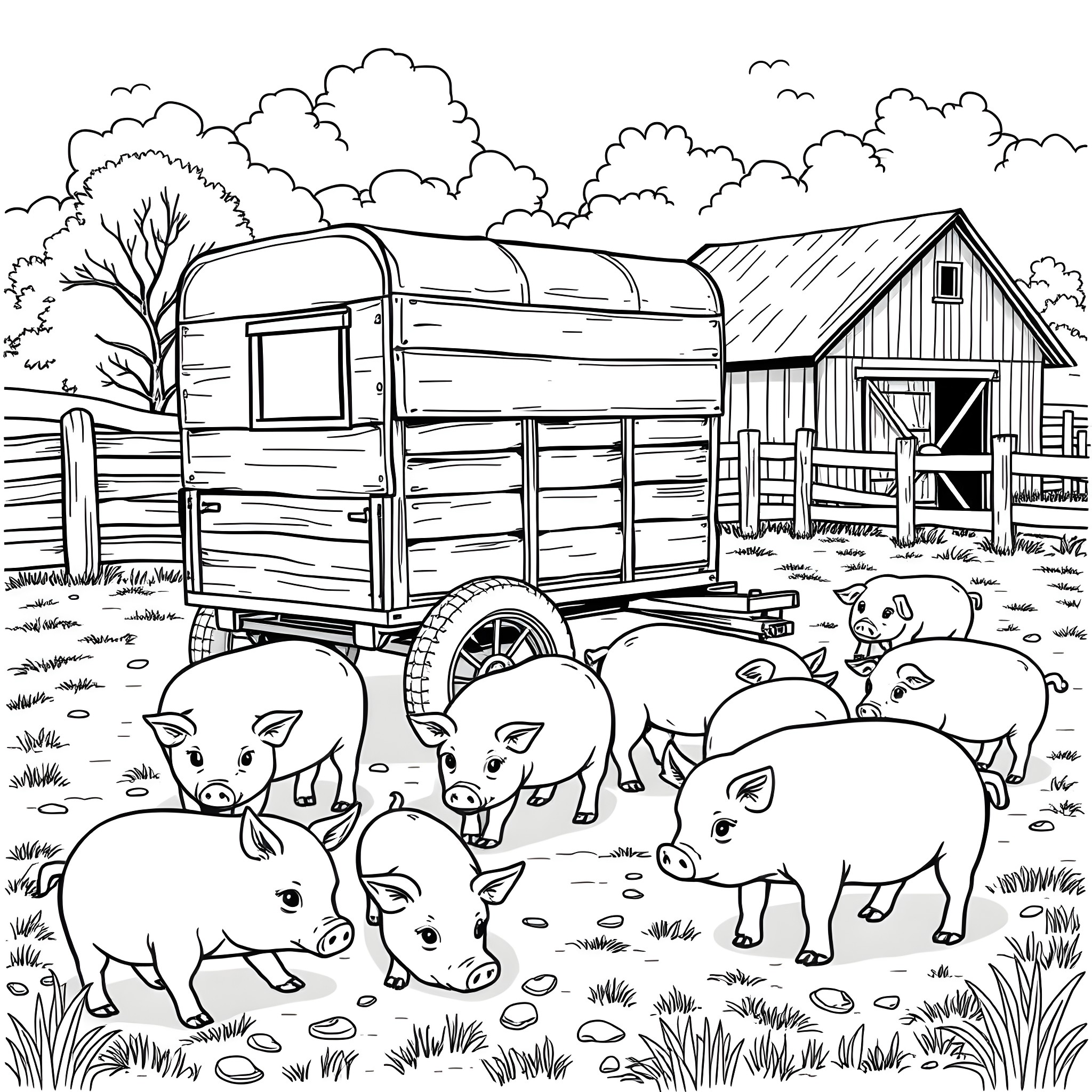 Pig Family Playing in the Farmyard Coloring Page (free black-and-white line drawing printable PDF for all, from beginners to advanced learners, including children, teens, adults, and seniors)