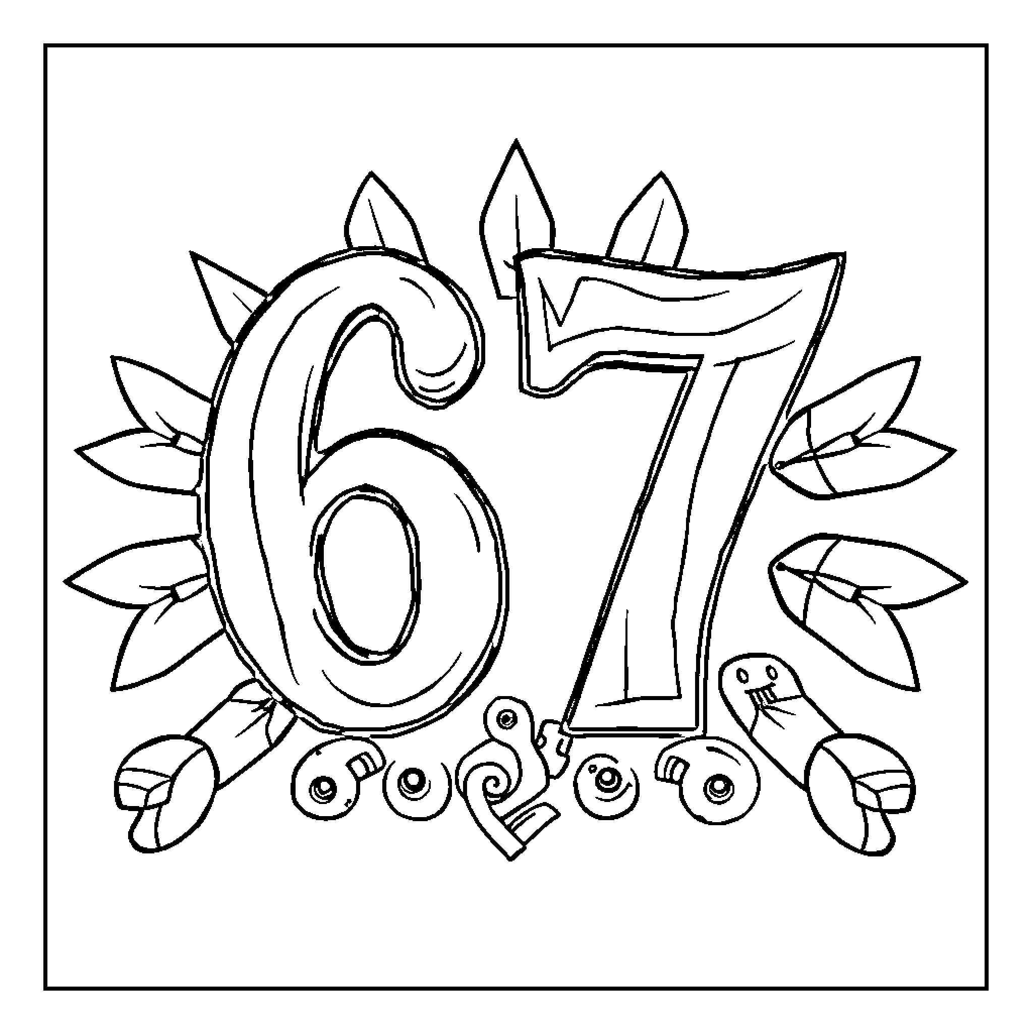 67 Playful floral numbers with leaves Coloring Page (free black-and-white line drawing printable PDF for all, from beginners to advanced learners, including children, teens, adults, and seniors)