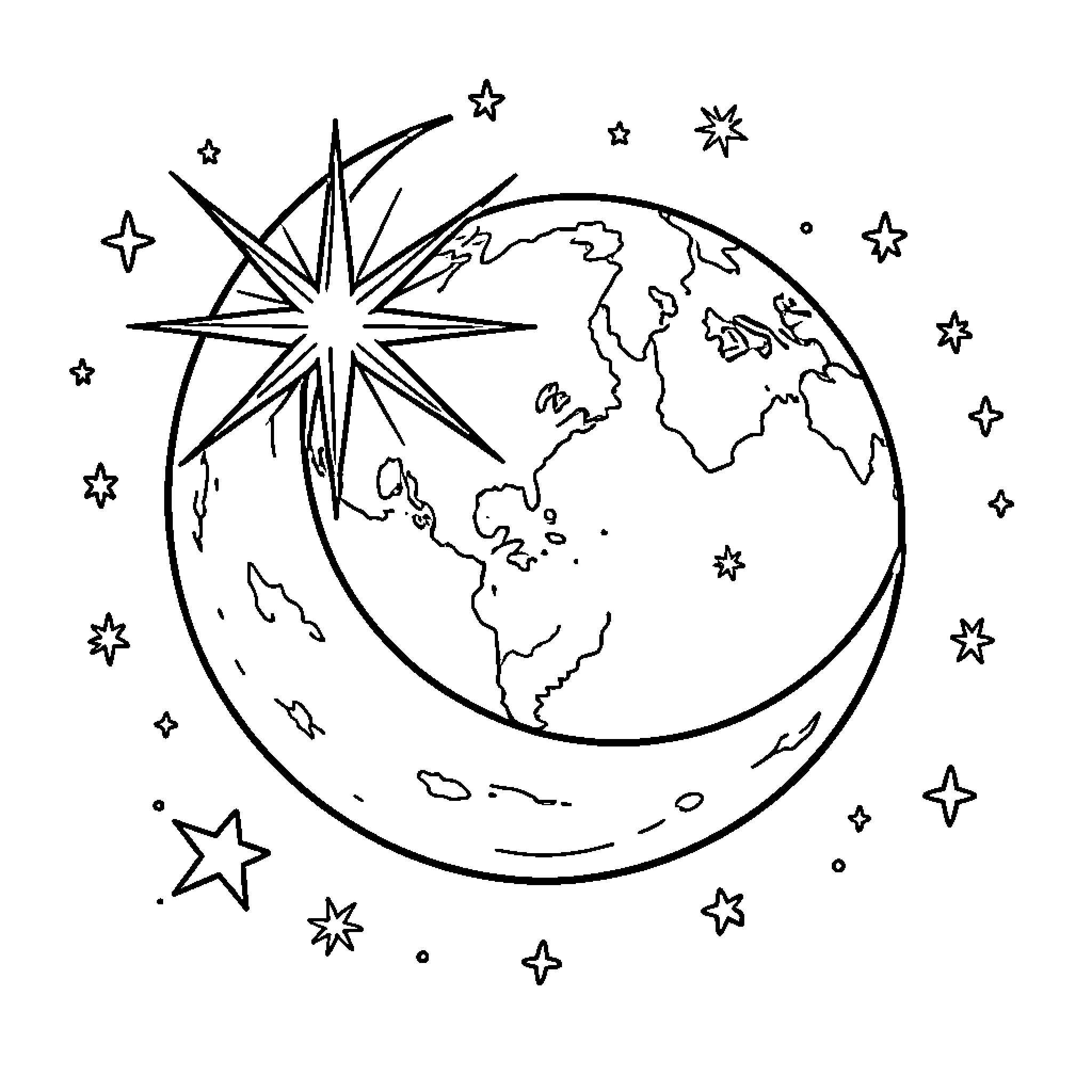 Star and Moon surrounding the planet Earth Coloring Page (free black-and-white line drawing printable PDF for all, from beginners to advanced learners, including children, teens, adults, and seniors)