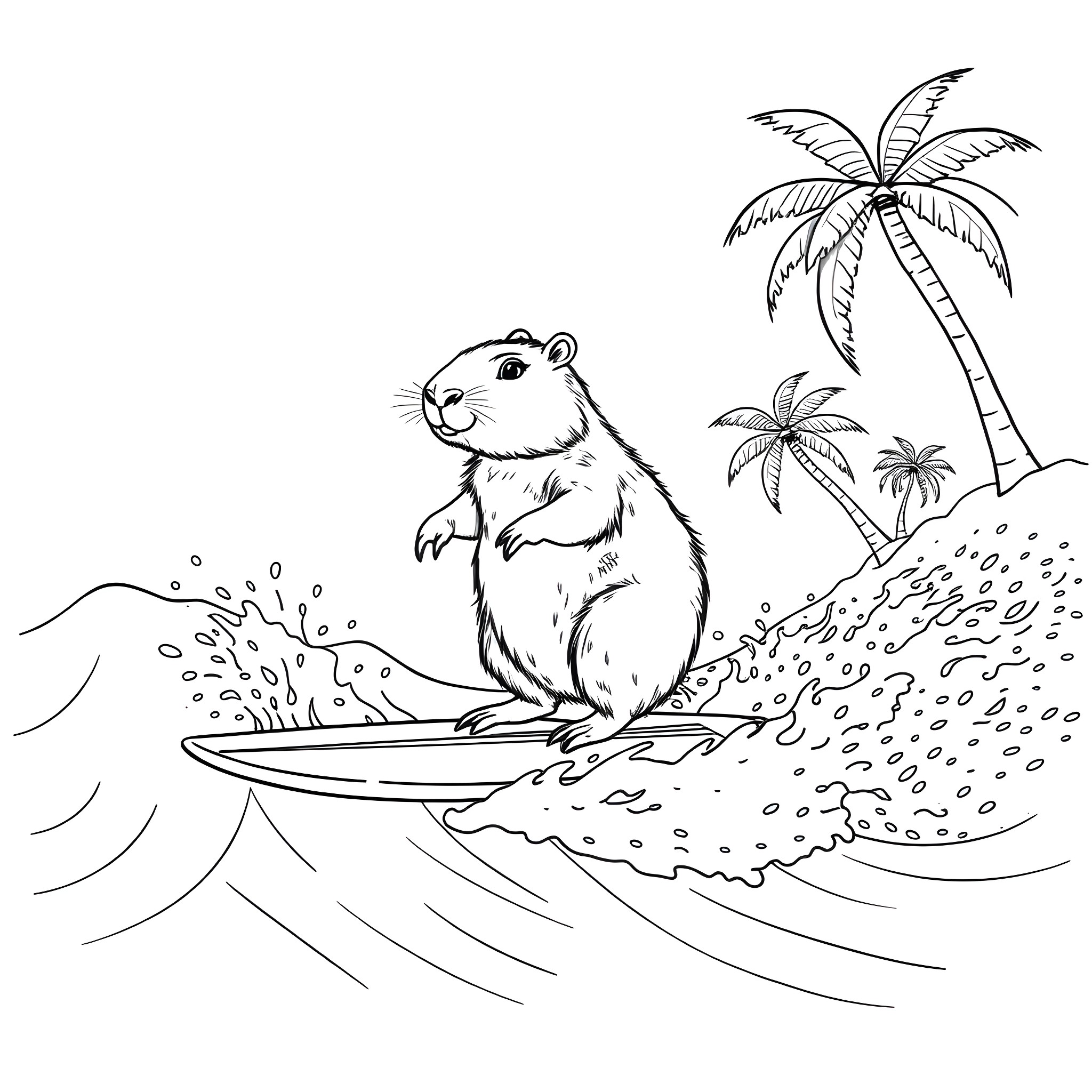 Capybara enjoying the tropical beach scene Coloring Page (free black-and-white line drawing printable PDF for all, from beginners to advanced learners, including children, teens, adults, and seniors)
