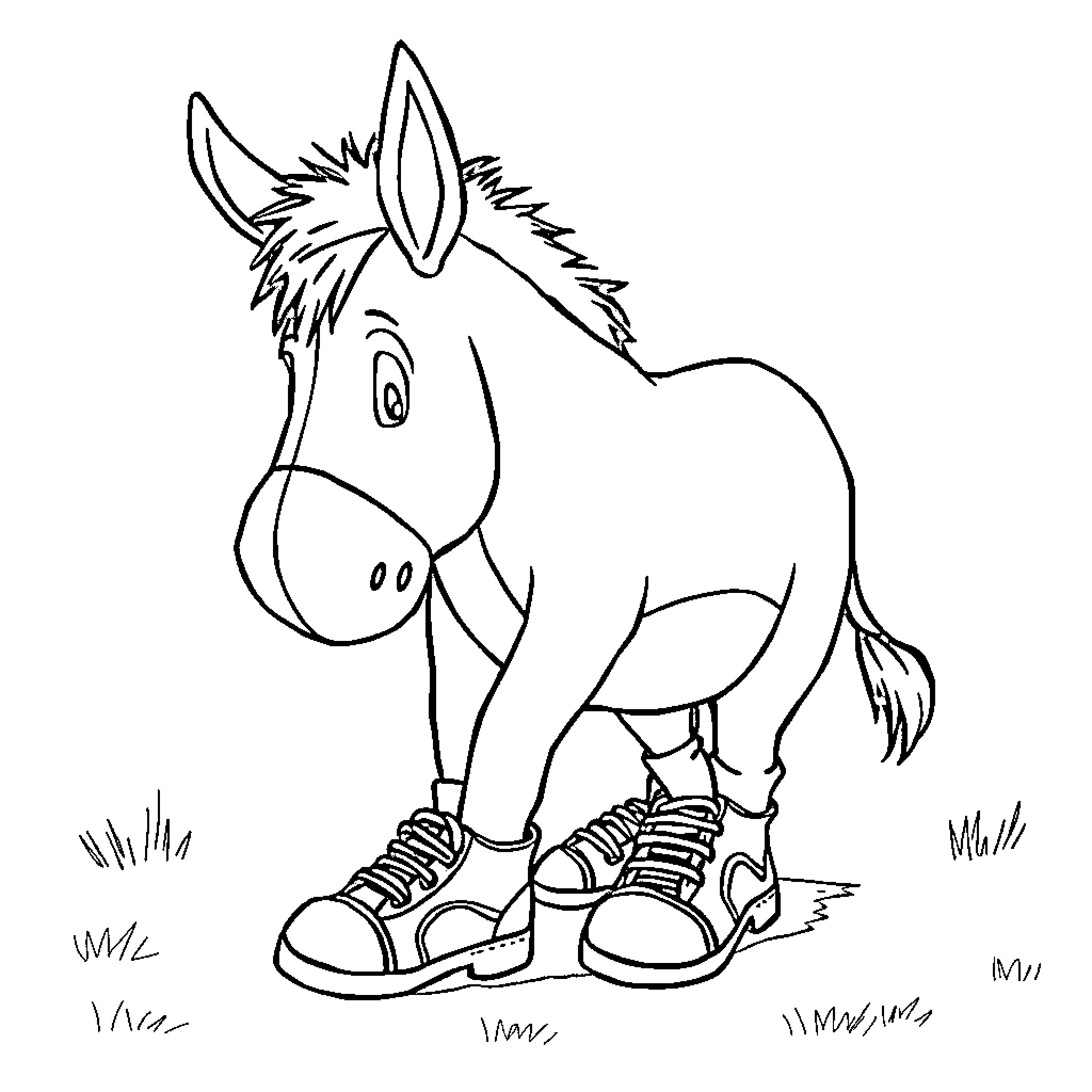 Eeyore the Donkey in Shoes Coloring Page (free black-and-white line drawing printable PDF for all, from beginners to advanced learners, including children, teens, adults, and seniors)