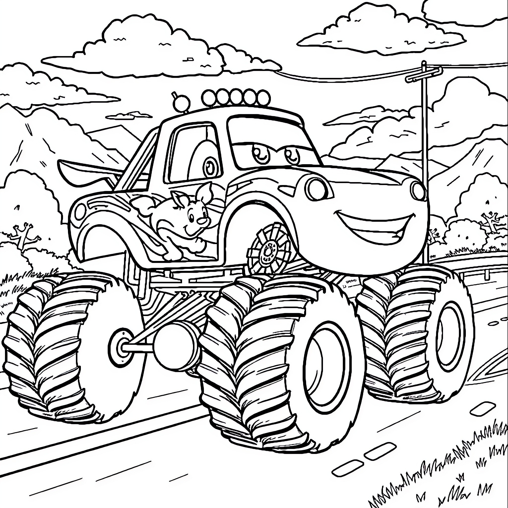 Car driving over obstacles on the road Coloring Page (free black-and-white line drawing printable PDF for all, from beginners to advanced learners, including children, teens, adults, and seniors)