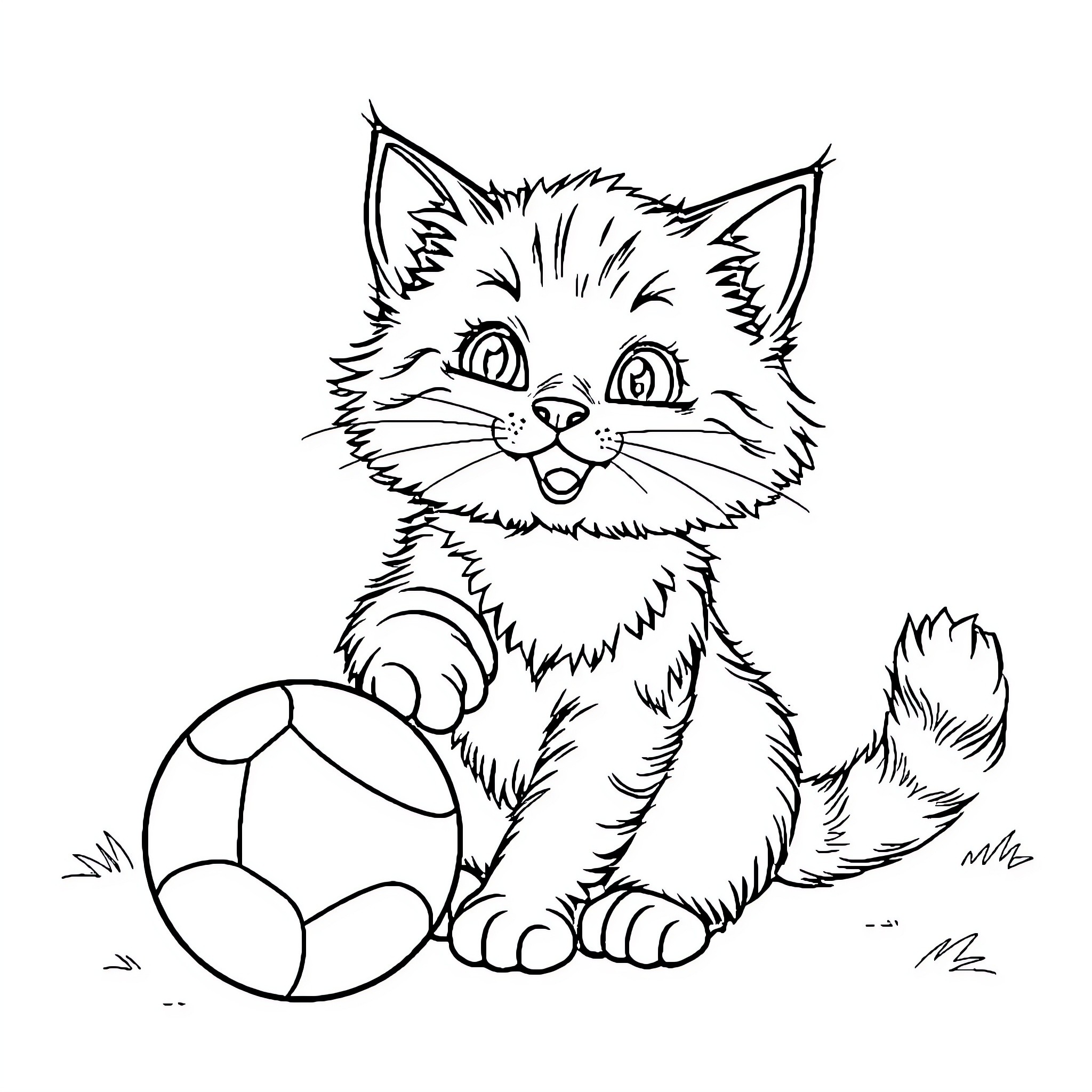 Cat playing with soccer ball Coloring Page (free black-and-white line drawing printable PDF for all, from beginners to advanced learners, including children, teens, adults, and seniors)