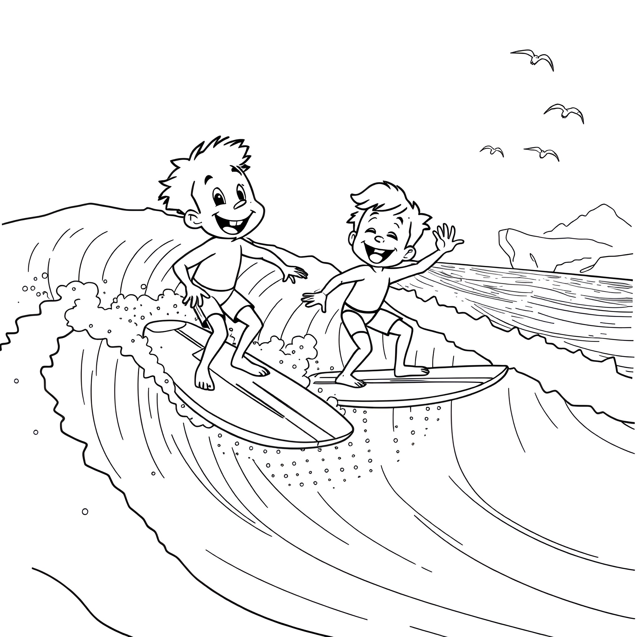 Bluey and friend surfing on the waves Coloring Page (free black-and-white line drawing printable PDF for all, from beginners to advanced learners, including children, teens, adults, and seniors)